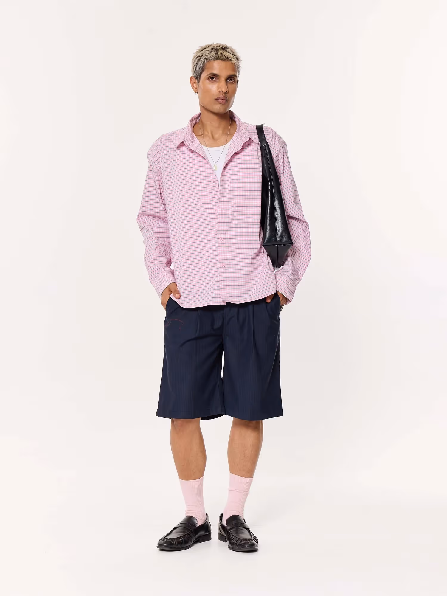 Pink Grid Checkered Oversized Cropped Shirt image 1