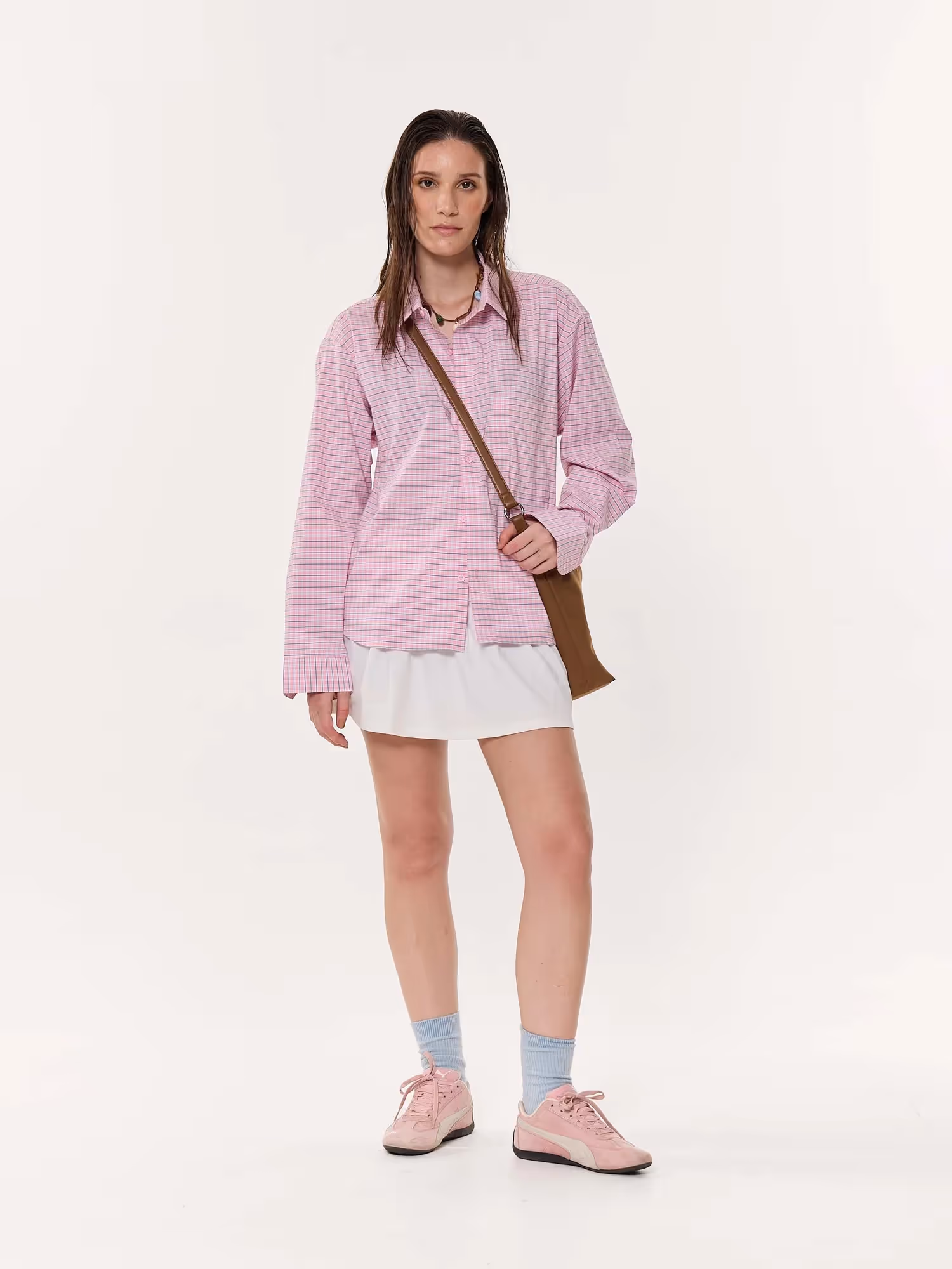 Pink Grid Checkered Oversized Cropped Shirt image 2