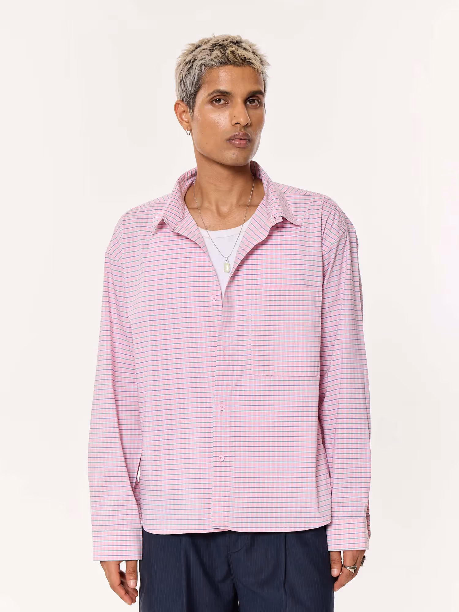 Pink Grid Checkered Oversized Cropped Shirt image 3