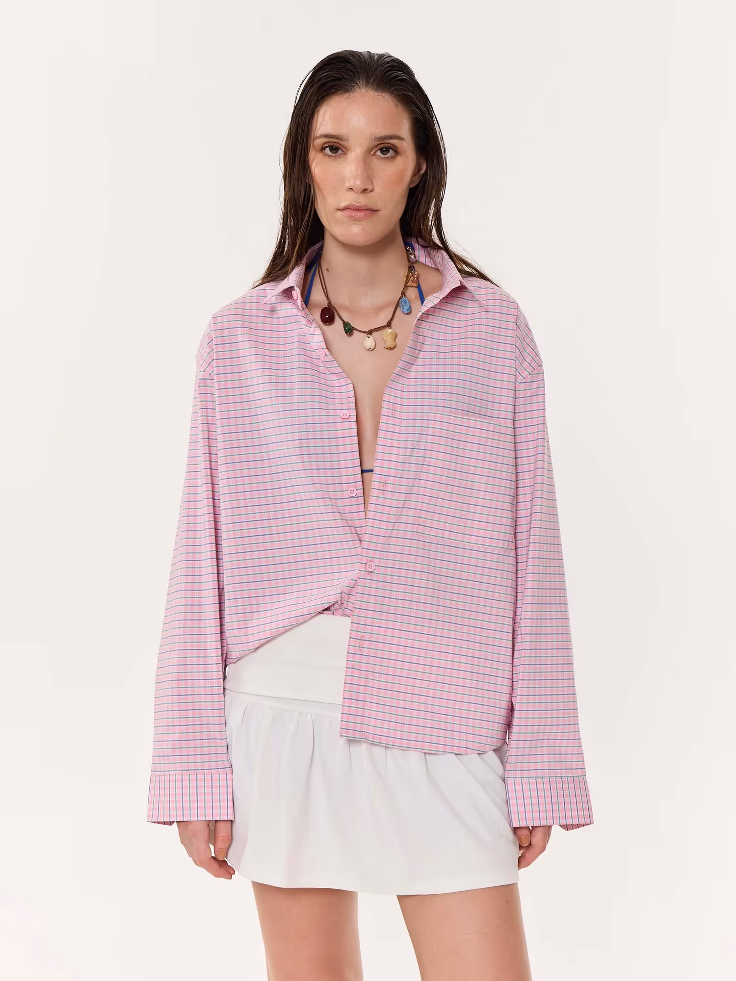Pink Grid Checkered Oversized Cropped Shirt image 4