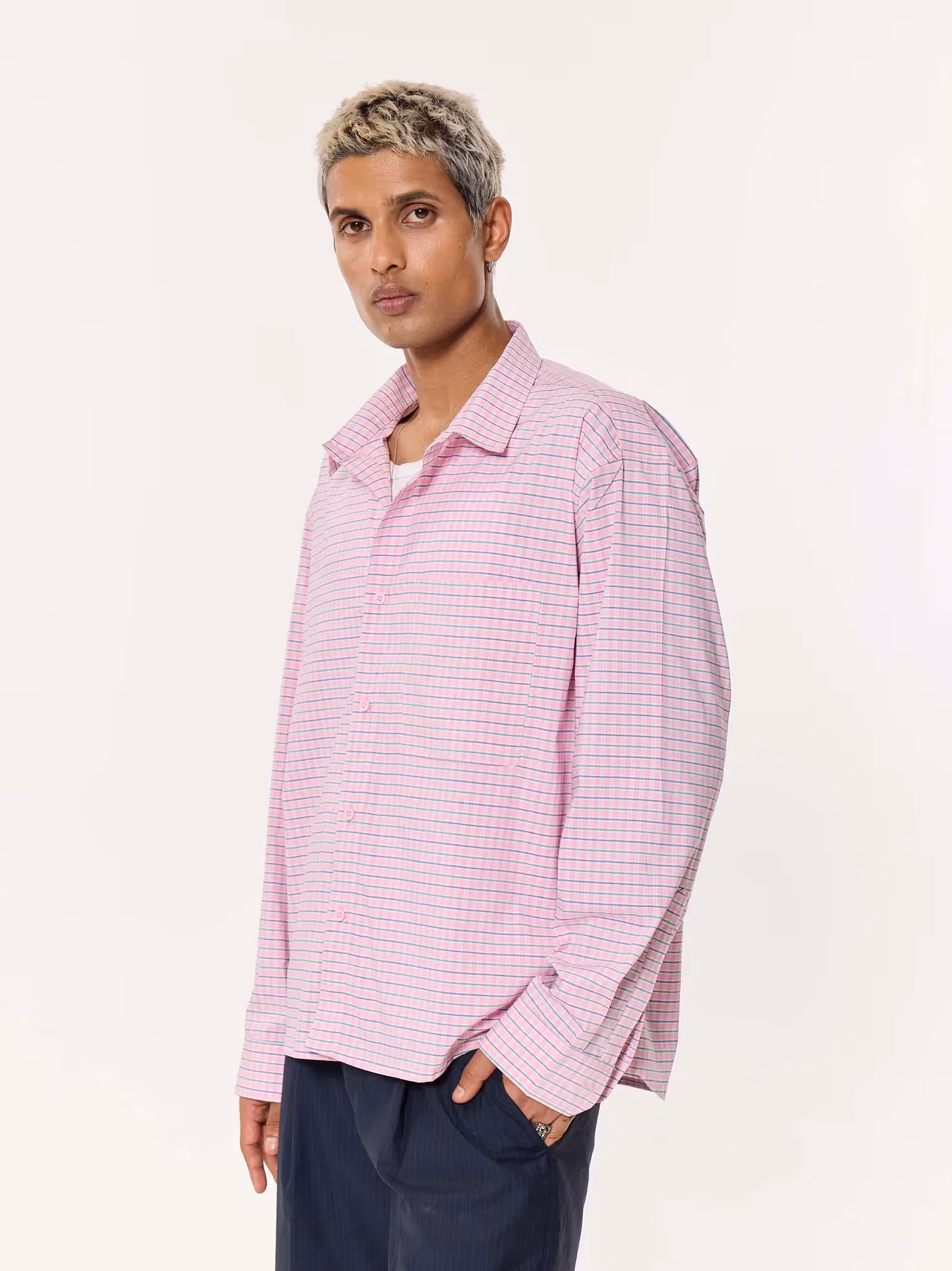 Pink Grid Checkered Oversized Cropped Shirt image 5