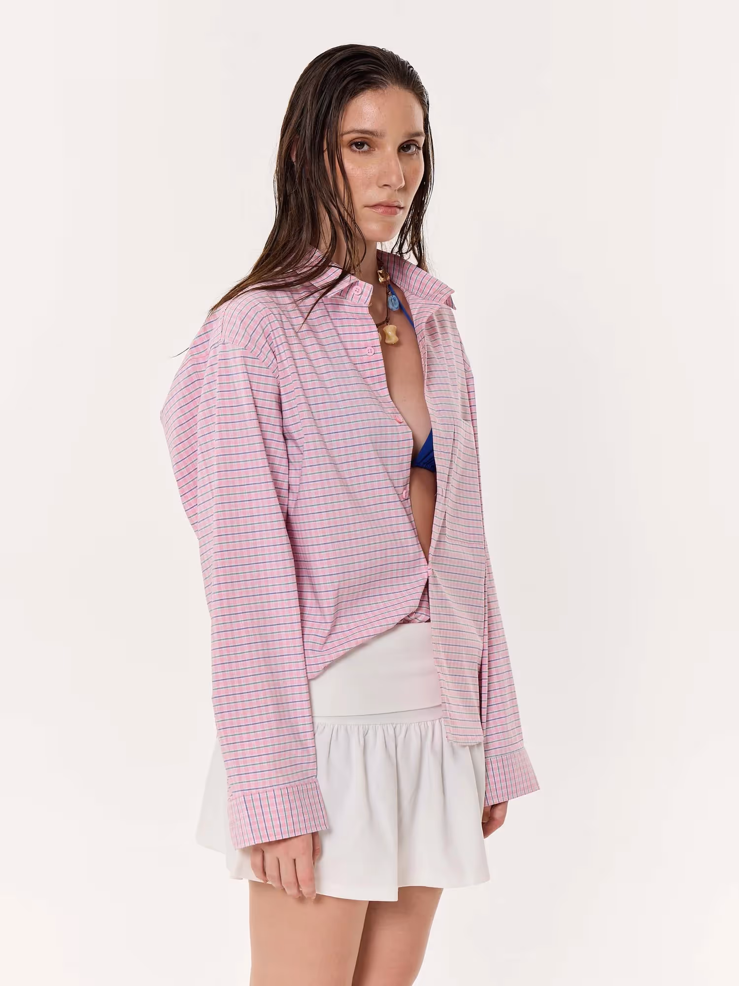 Pink Grid Checkered Oversized Cropped Shirt image 6