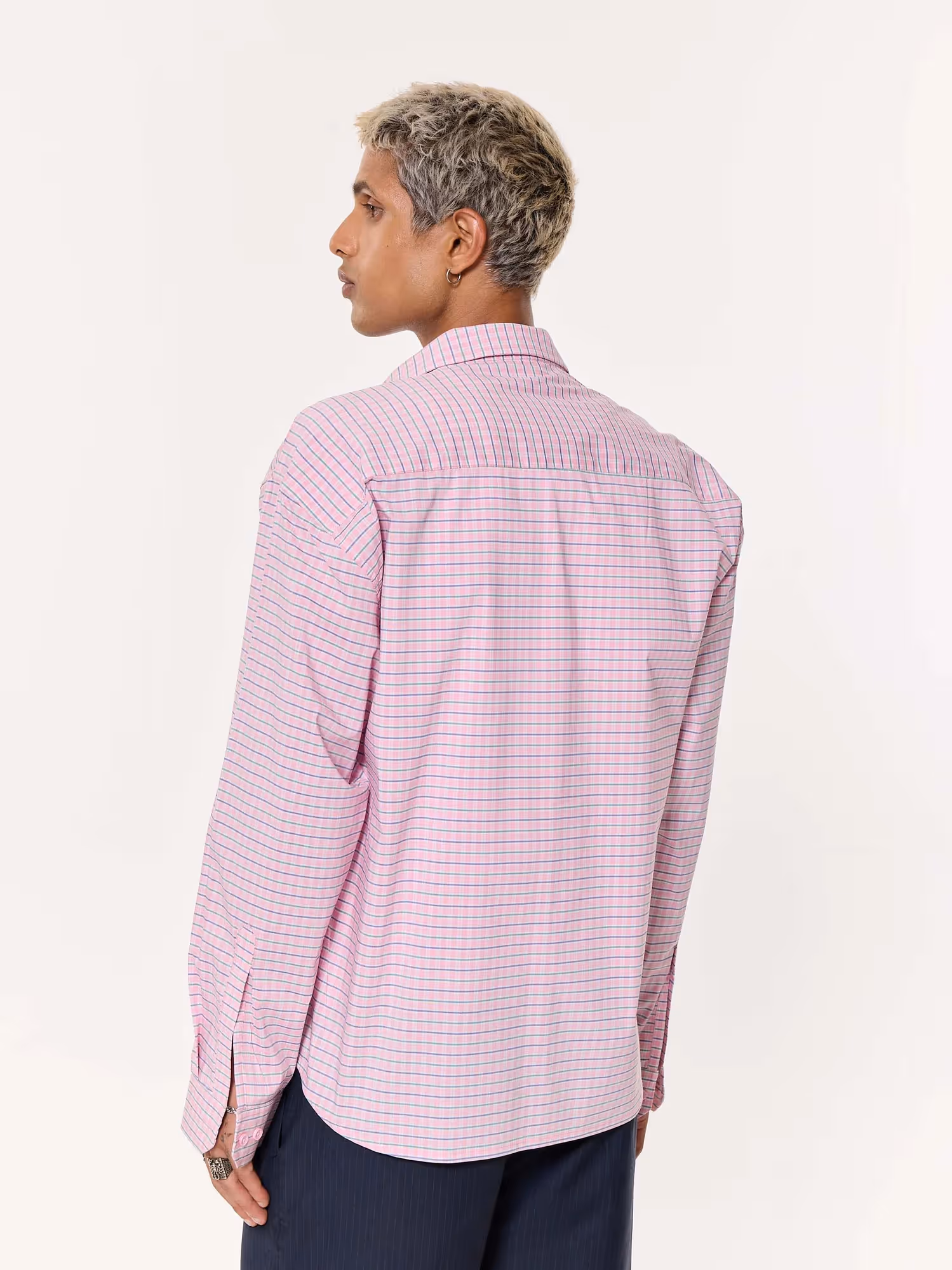 Pink Grid Checkered Oversized Cropped Shirt image 7