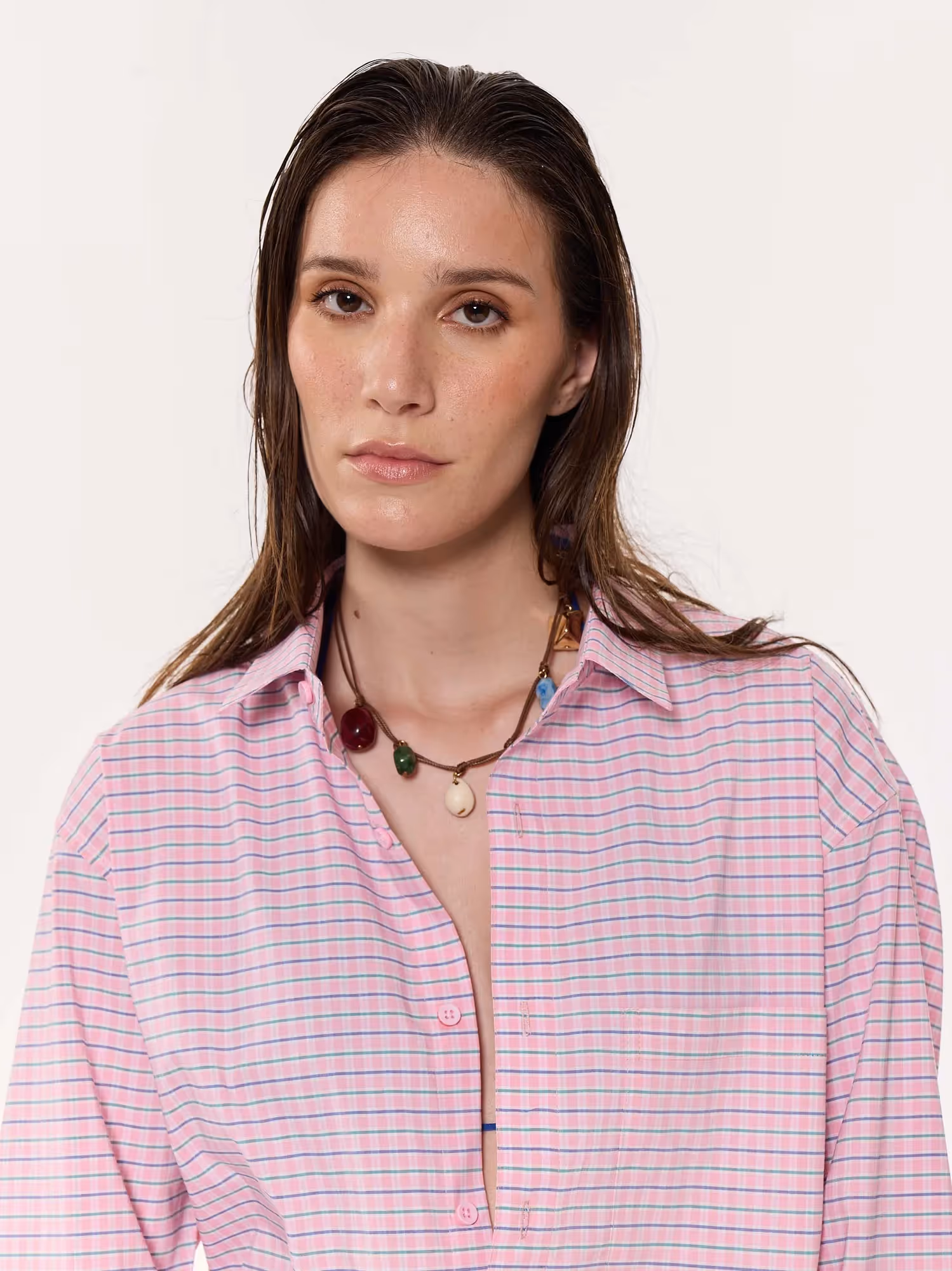 Pink Grid Checkered Oversized Cropped Shirt image 8