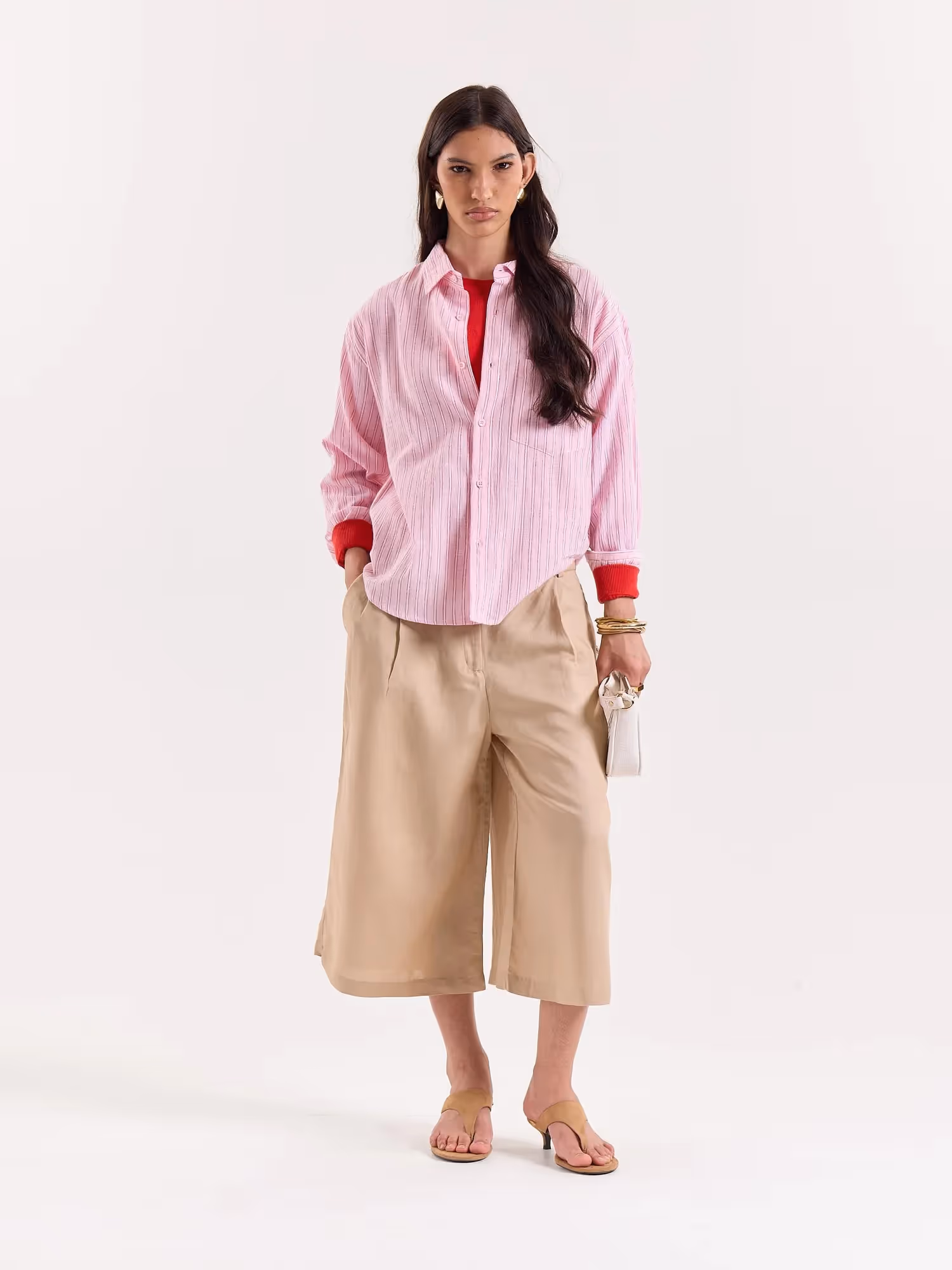 Pink, Red and White Striped Cropped Shirt image 2