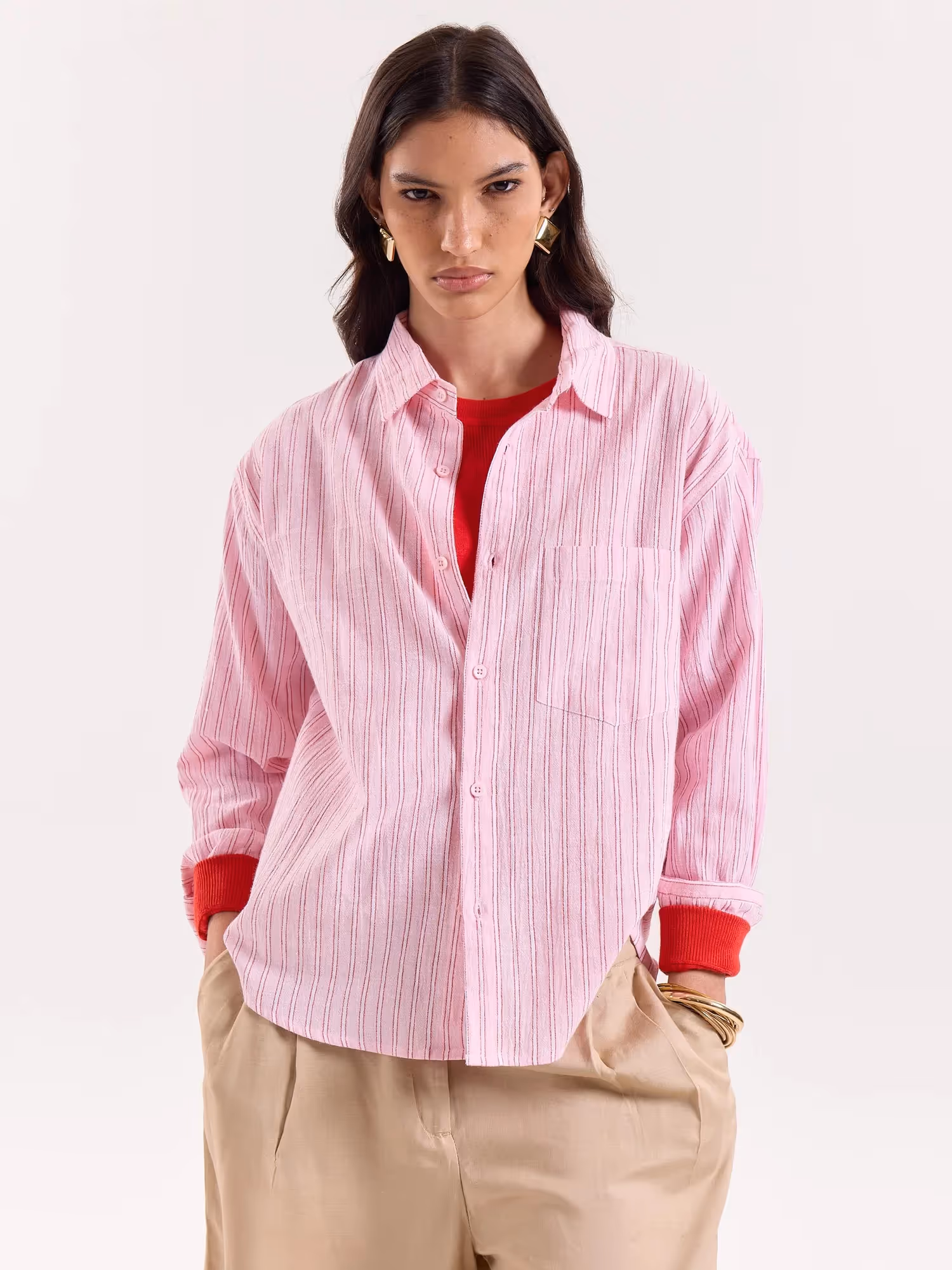 Pink, Red and White Striped Cropped Shirt image 4