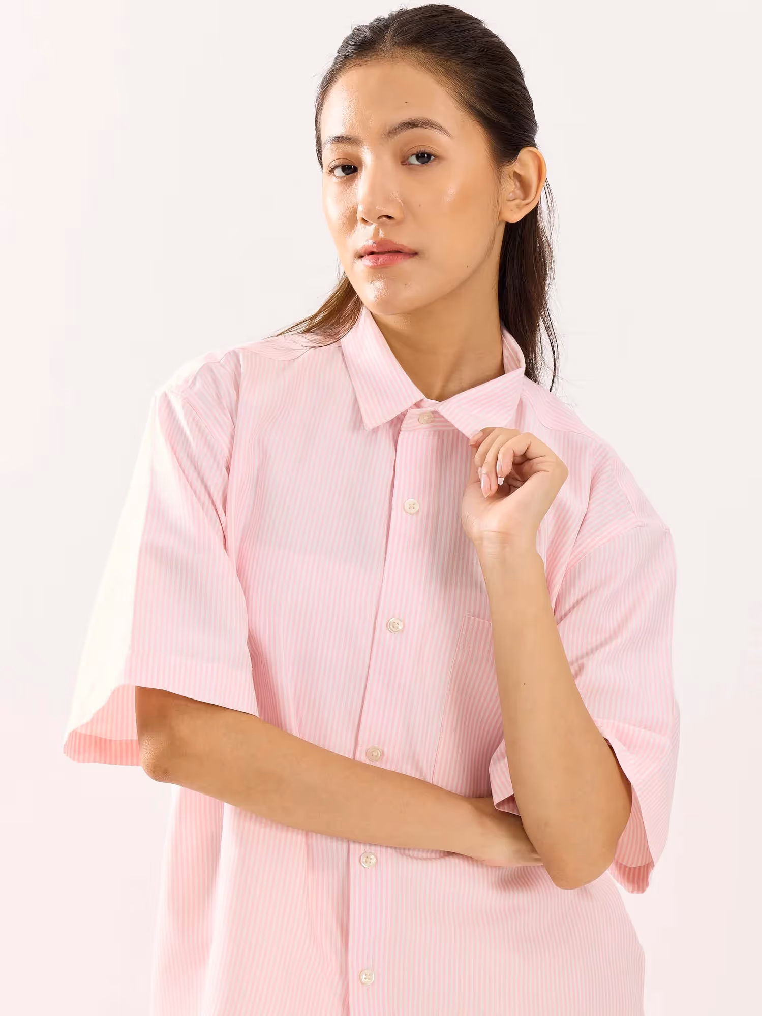 Pink Striped Oversized Cropped Shirt image 5