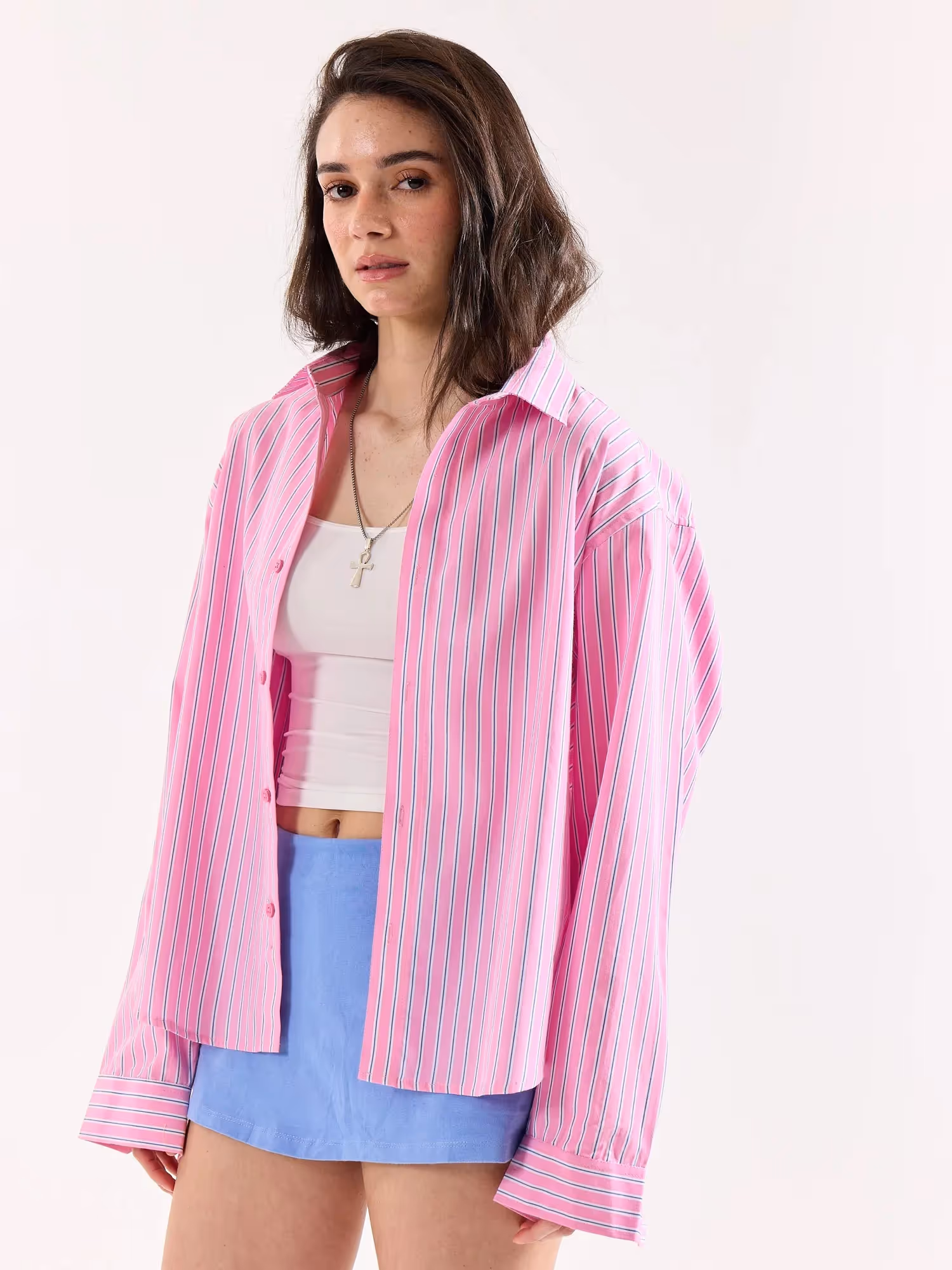Pink Striped Poplin Oversized Shirt  image 6