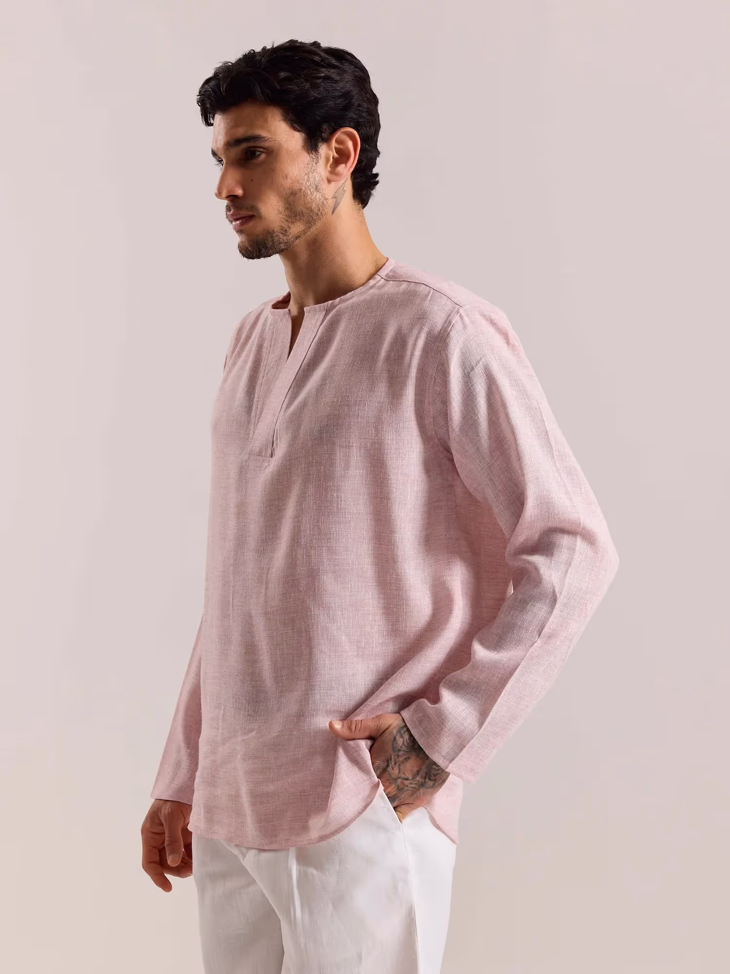 Pink Textured Linen Pullover image 7