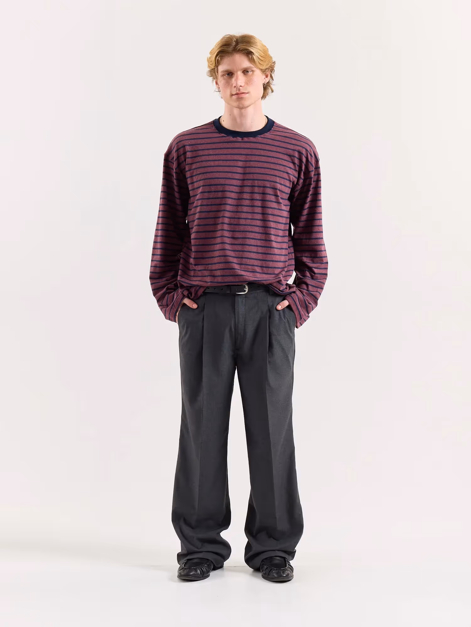 Plum & Navy Chambray Striped Loose Fit Cropped T-Shirt image 1