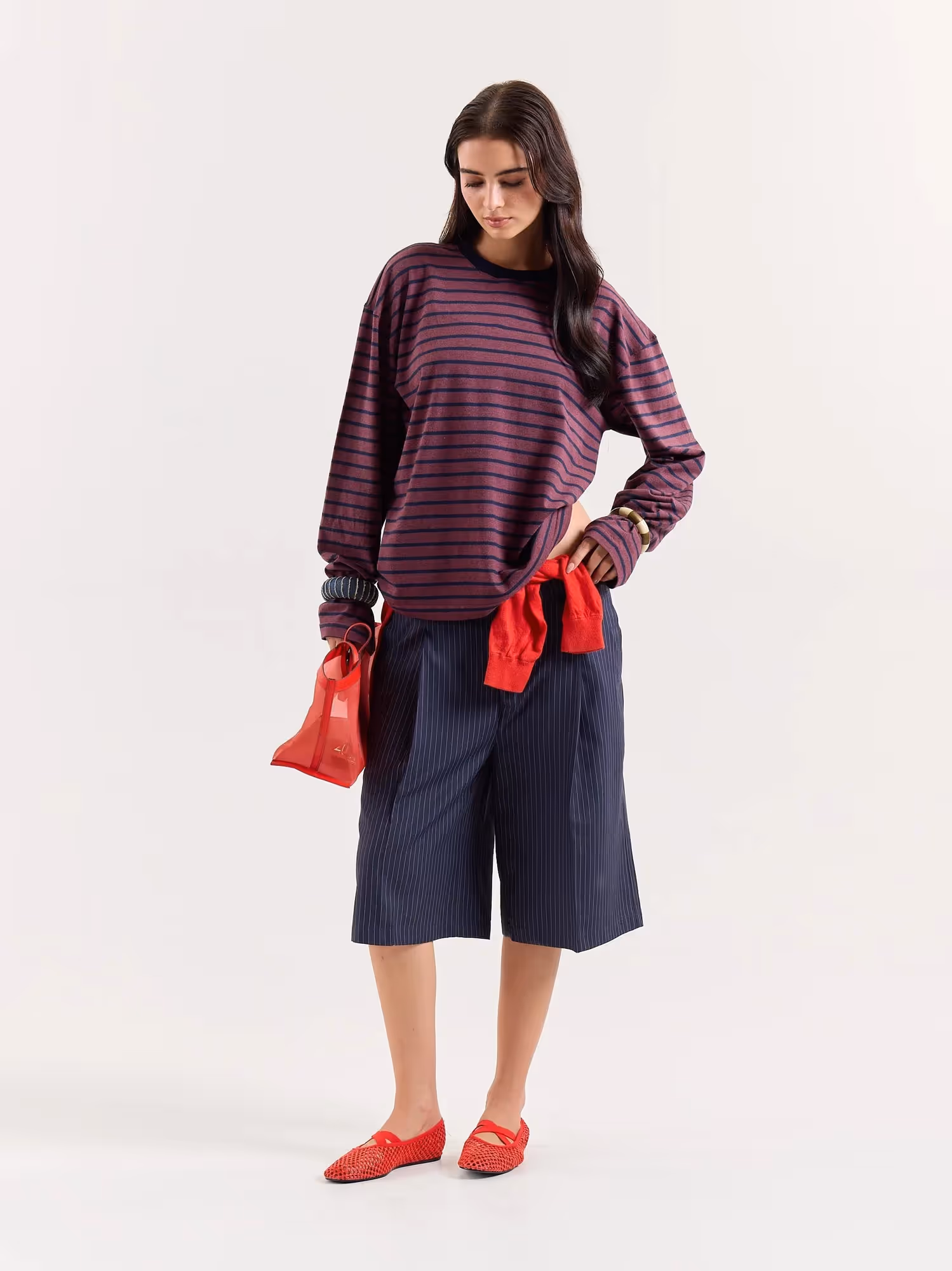 Plum & Navy Chambray Striped Loose Fit Cropped T-Shirt image 2