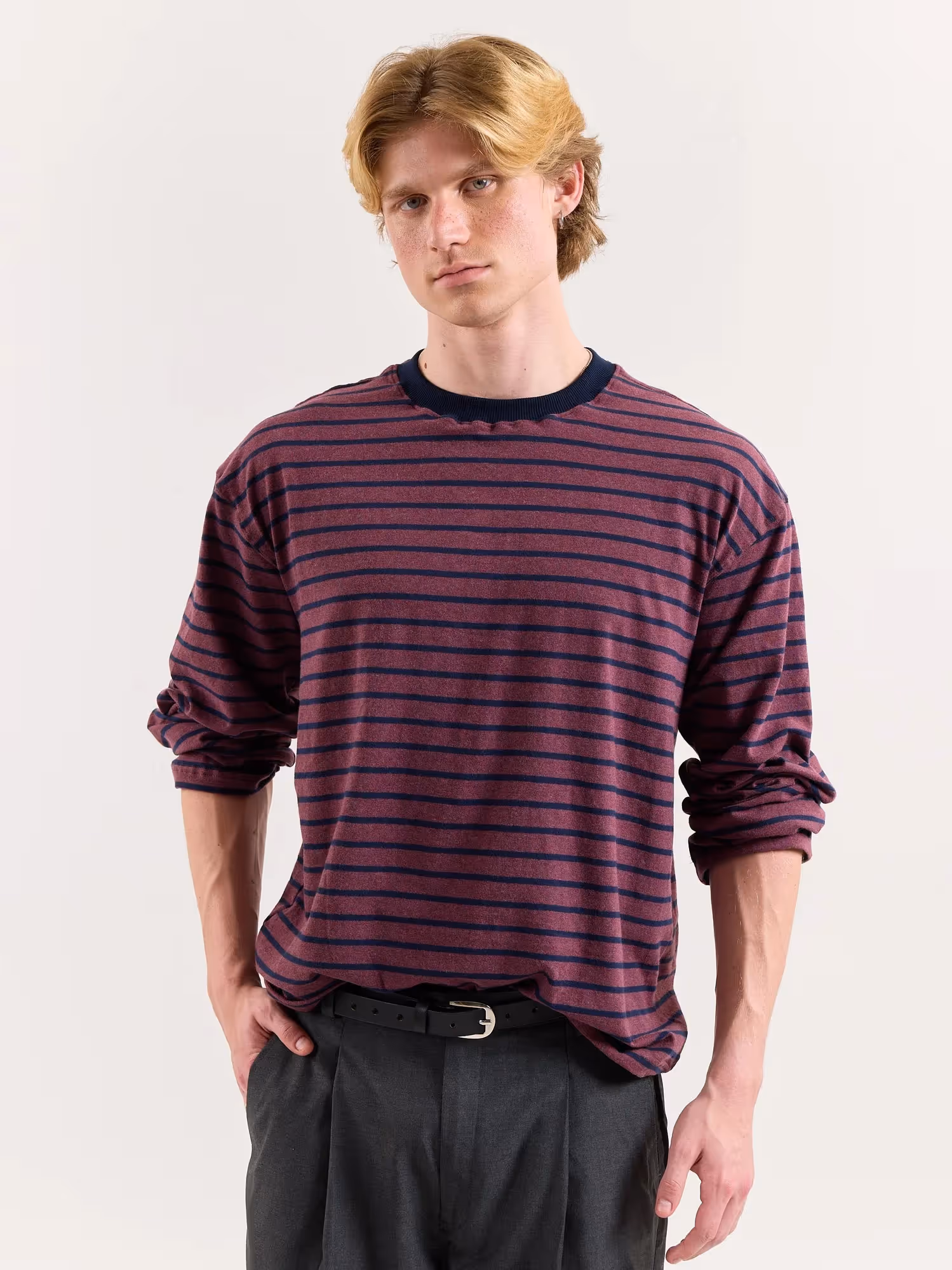 Plum & Navy Chambray Striped Loose Fit Cropped T-Shirt image 3