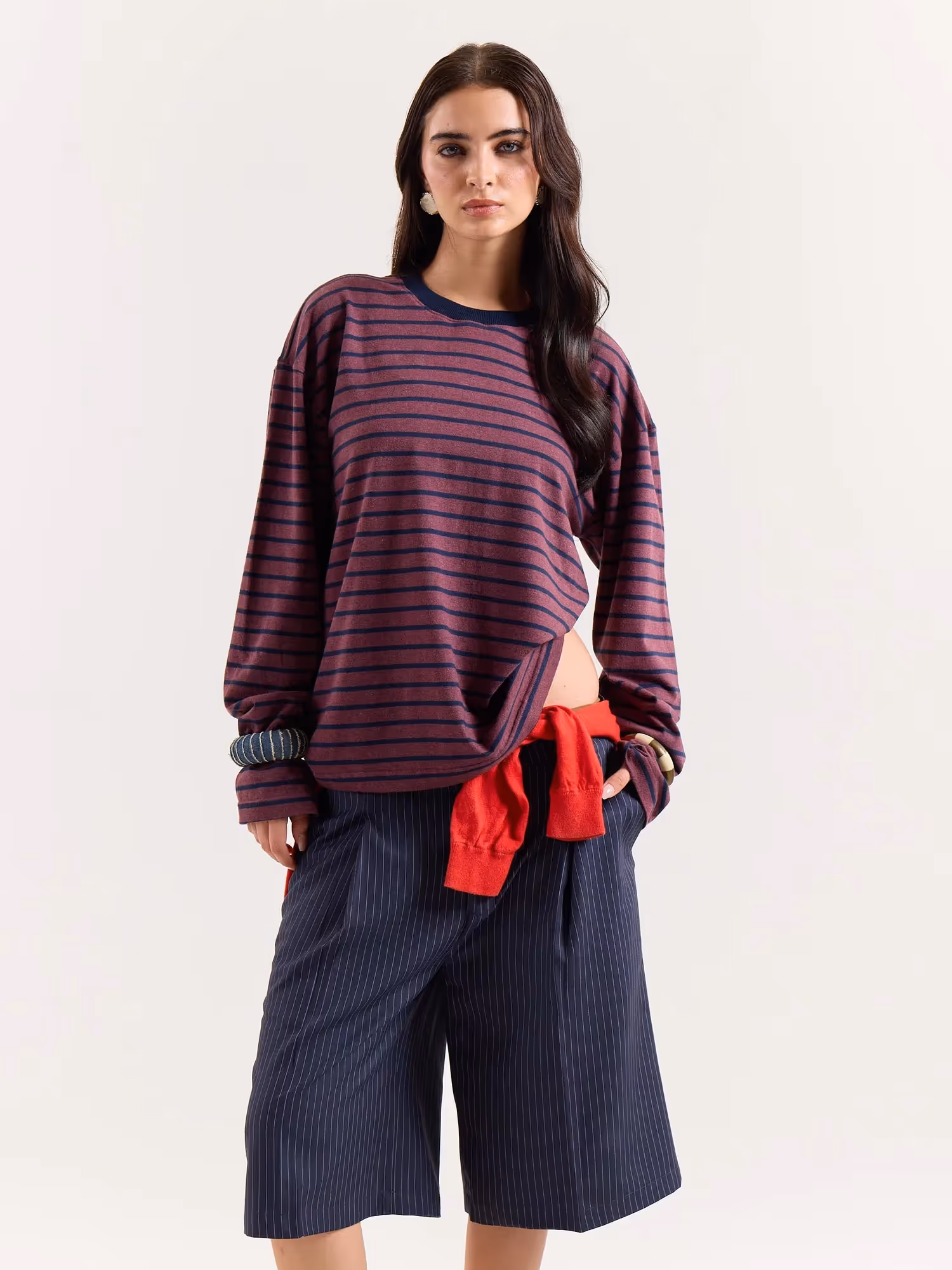 Plum & Navy Chambray Striped Loose Fit Cropped T-Shirt image 4