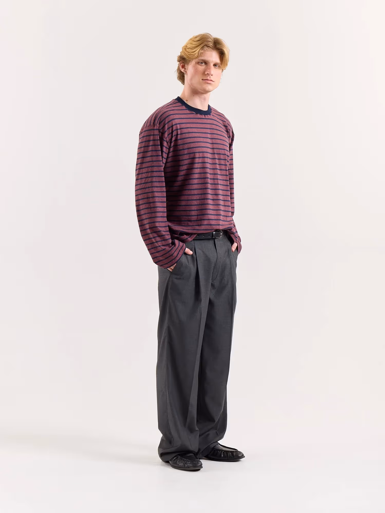 Plum & Navy Chambray Striped Loose Fit Cropped T-Shirt image 5
