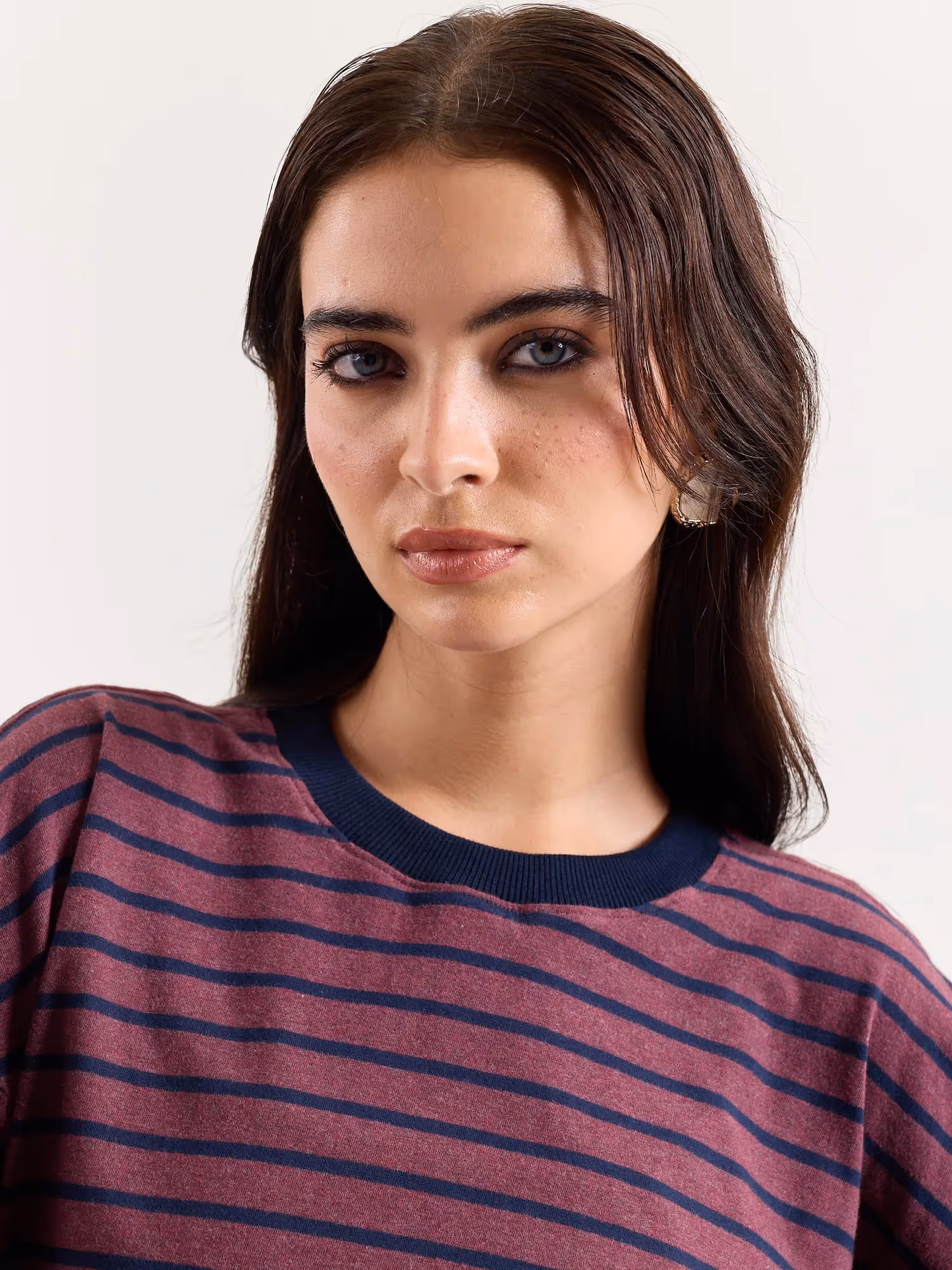 Plum & Navy Chambray Striped Loose Fit Cropped T-Shirt image 6