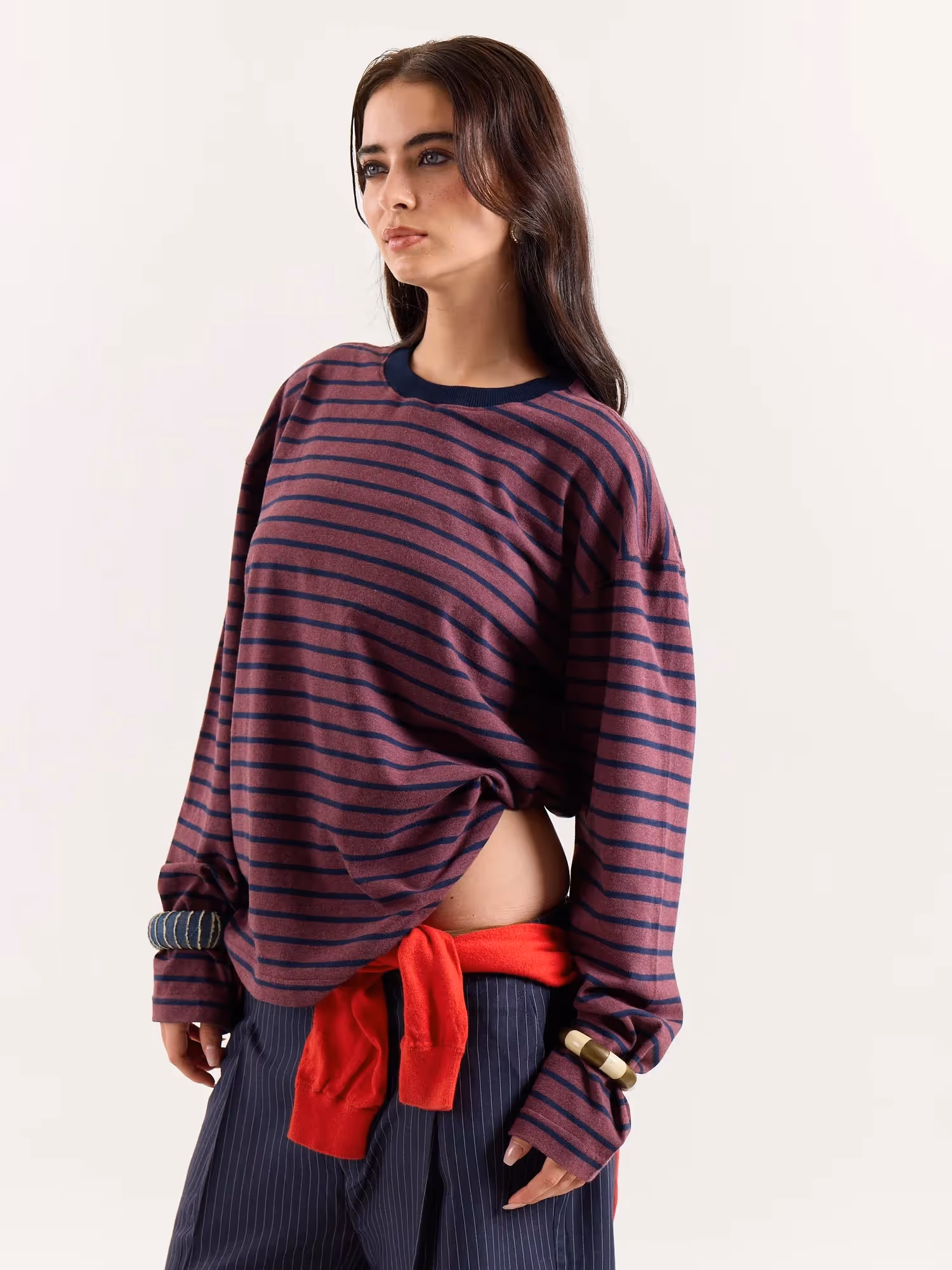 Plum & Navy Chambray Striped Loose Fit Cropped T-Shirt image 7