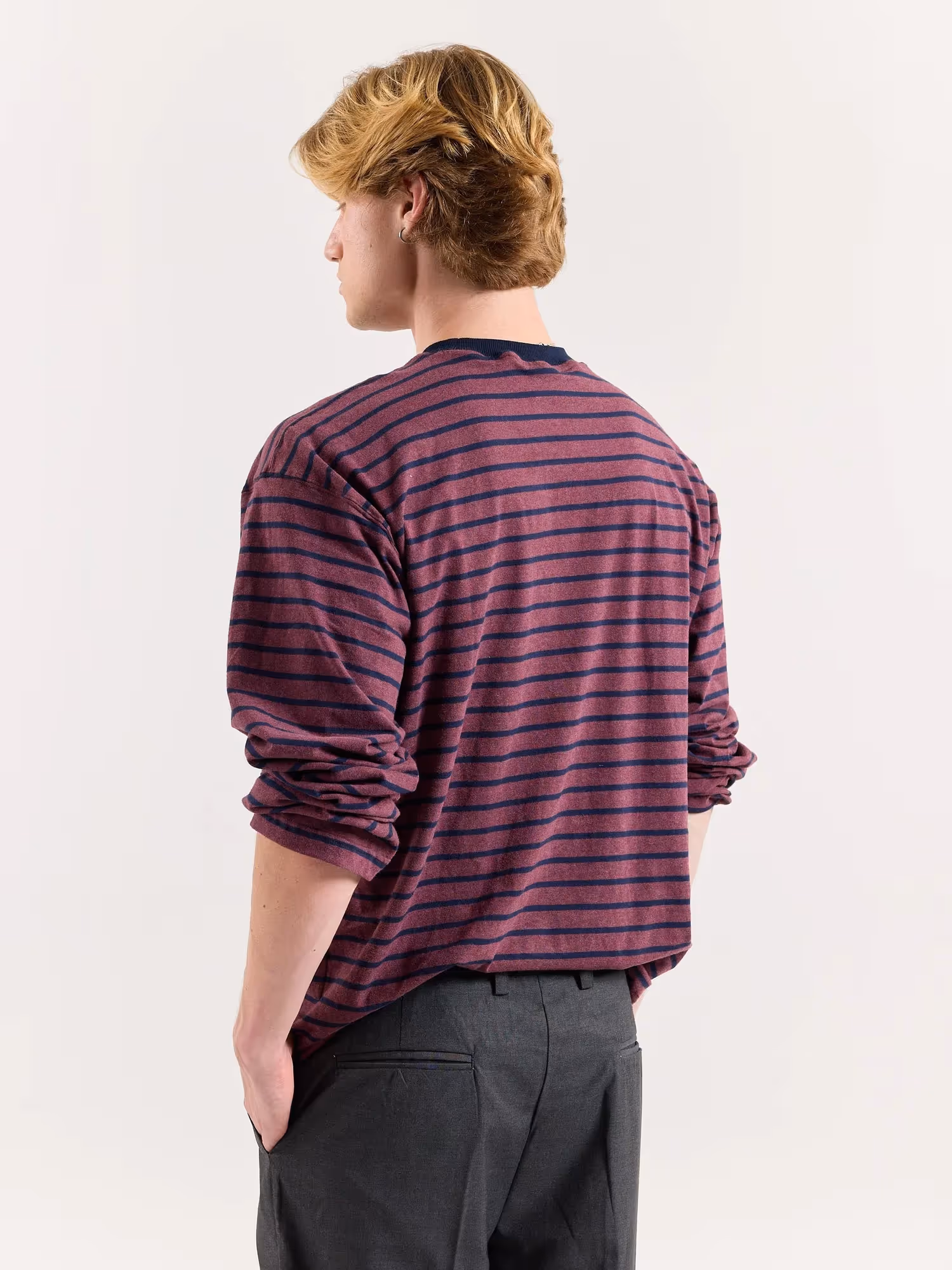 Plum & Navy Chambray Striped Loose Fit Cropped T-Shirt image 8