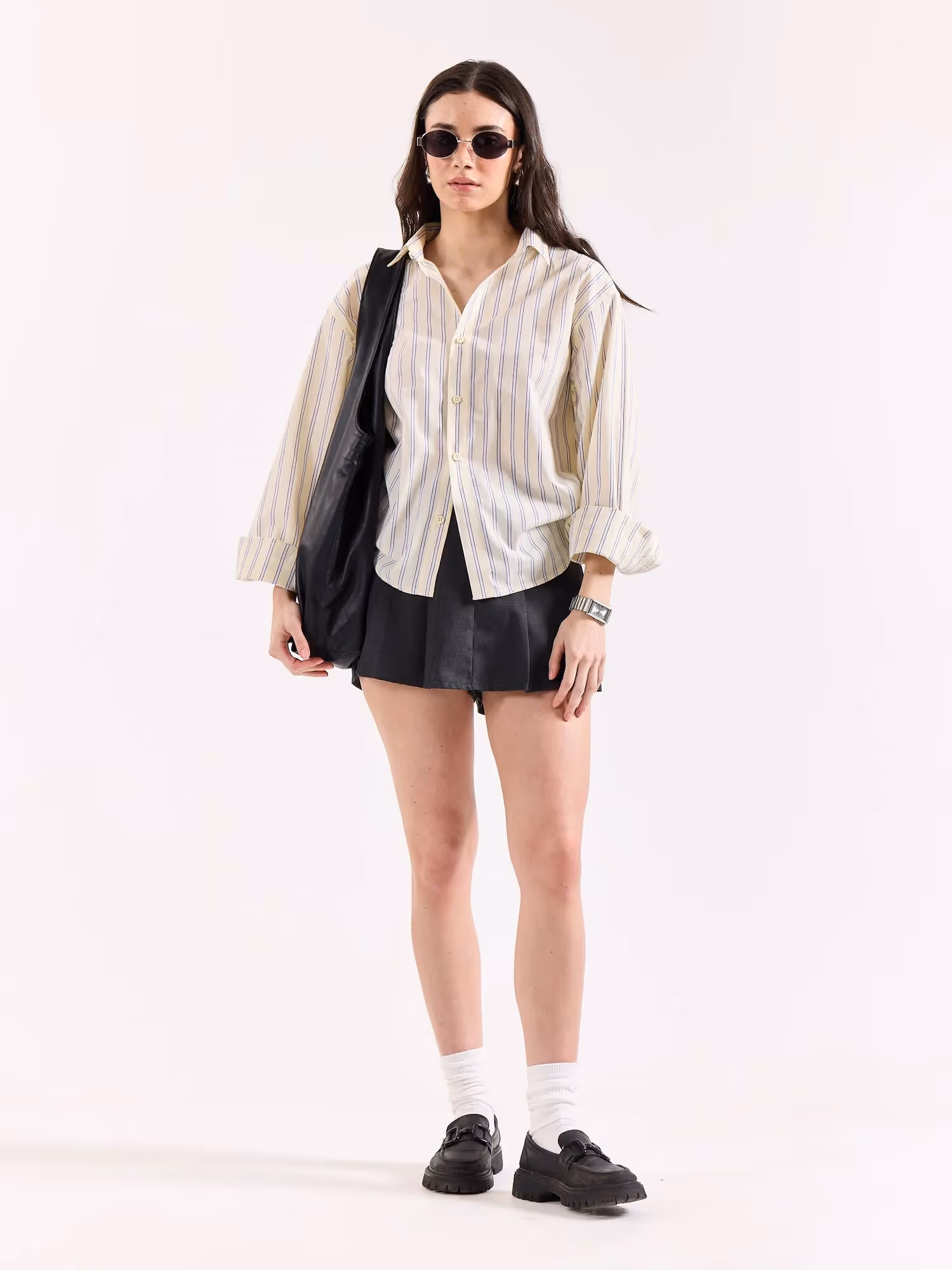 Powder Yellow Striped Poplin Oversized Shirt image 2