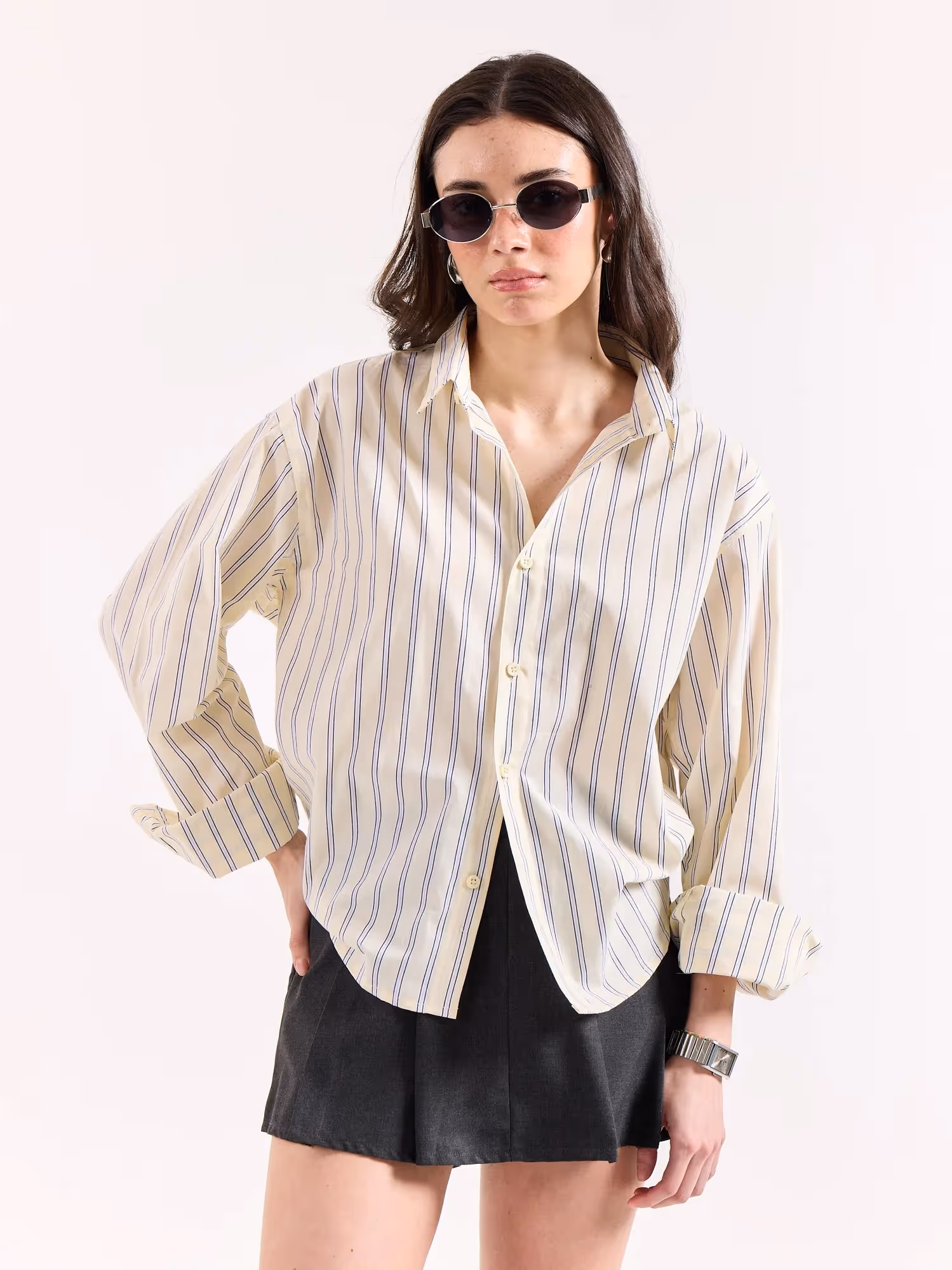 Powder Yellow Striped Poplin Oversized Shirt image 4