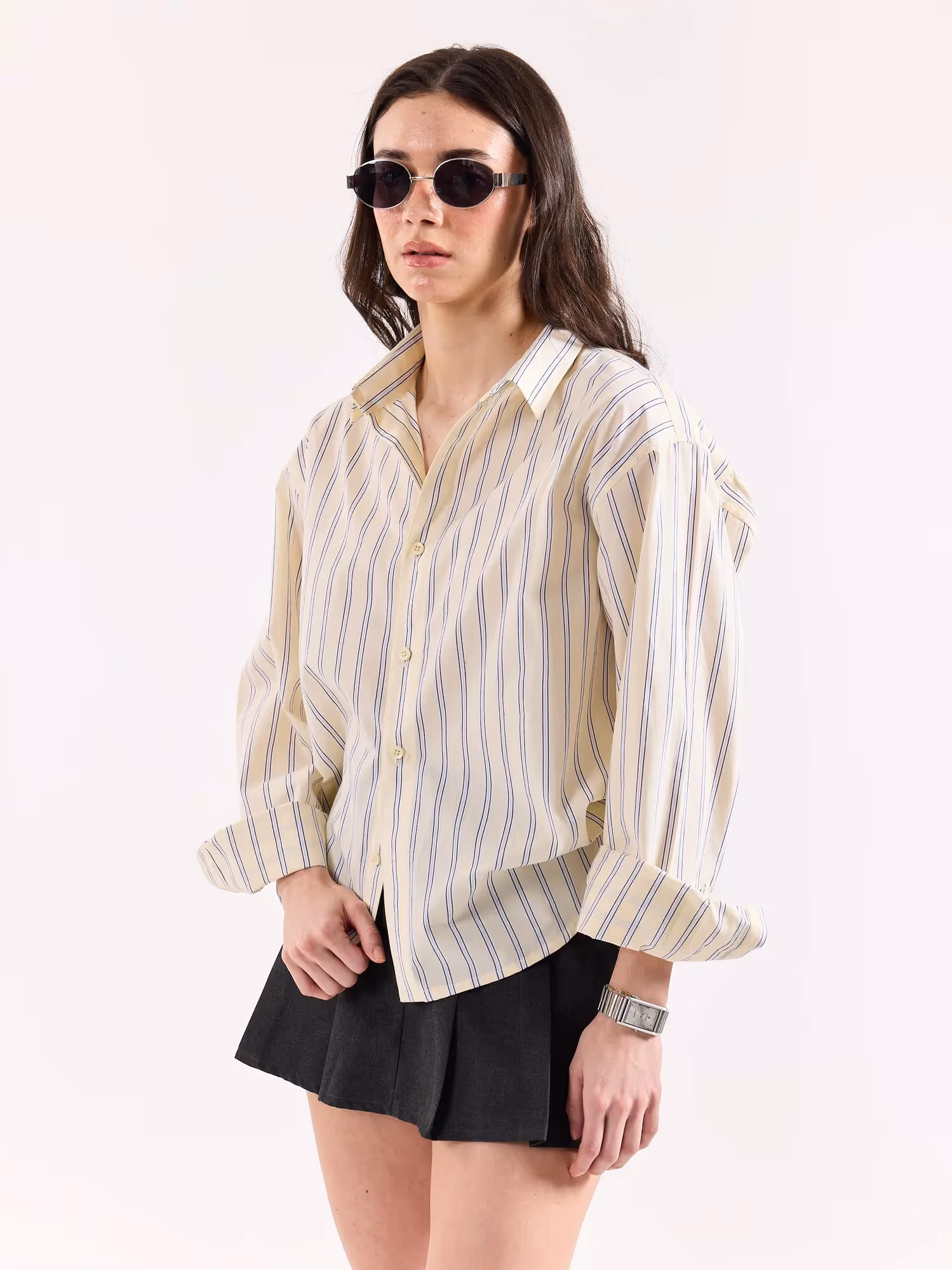 Powder Yellow Striped Poplin Oversized Shirt image 7