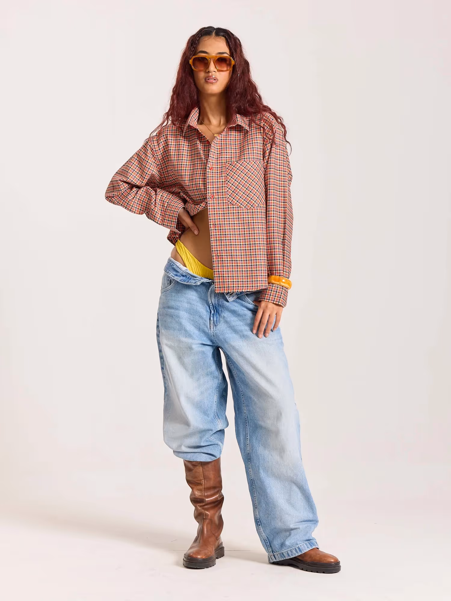 Red & Black Checkered Oversized Cropped Shirt  image 2