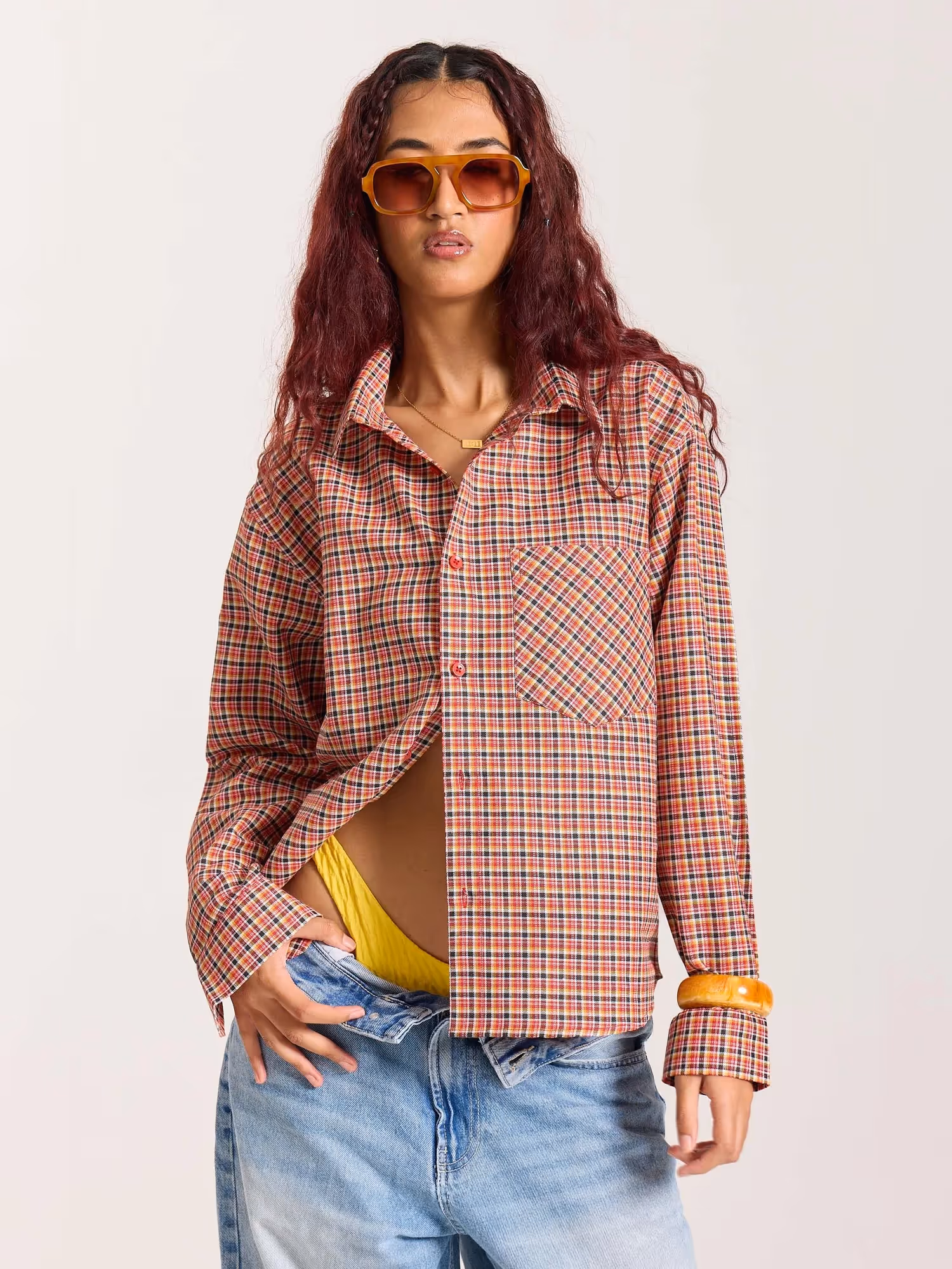 Red & Black Checkered Oversized Cropped Shirt  image 4
