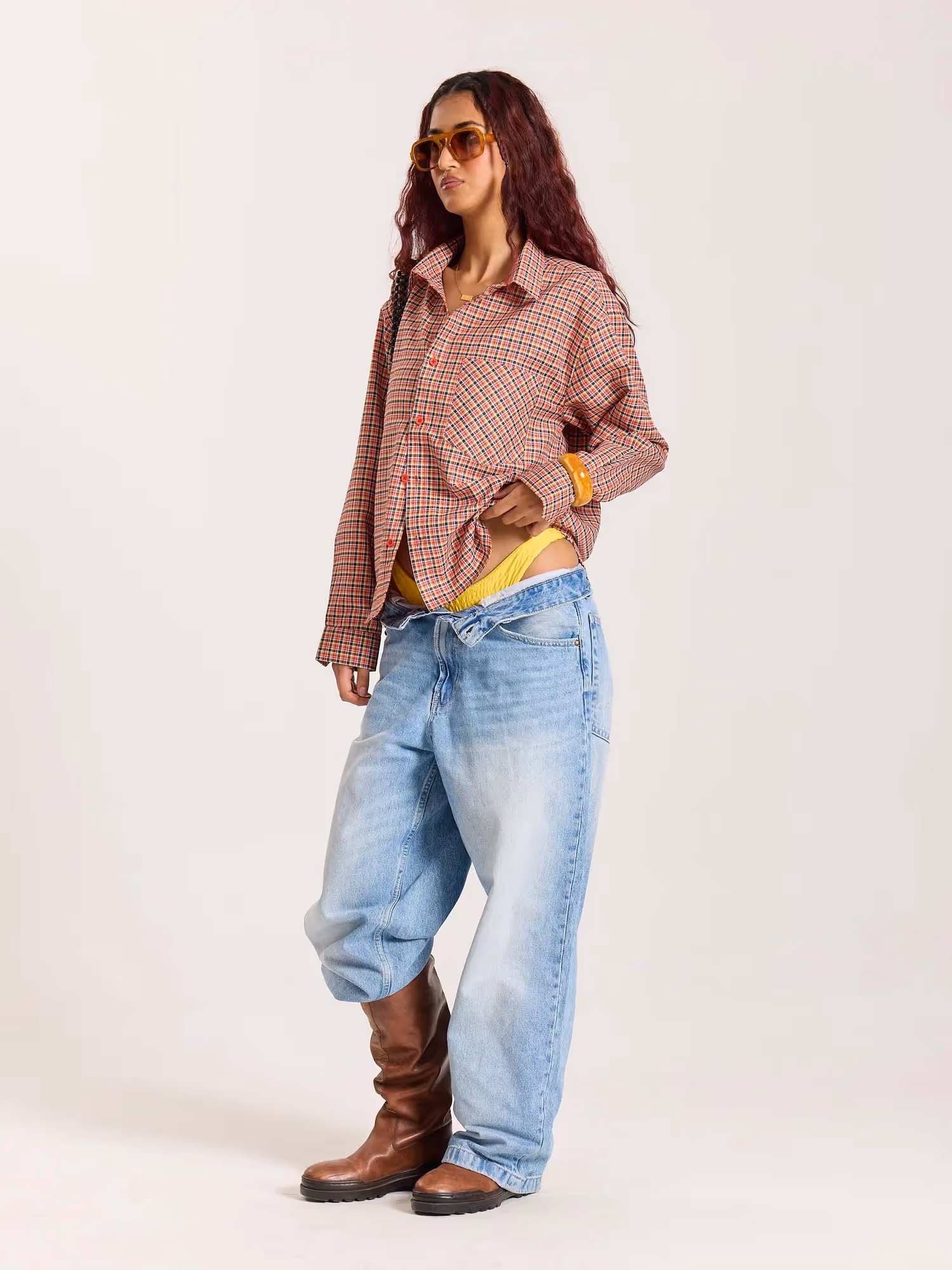 Red & Black Checkered Oversized Cropped Shirt  image 7