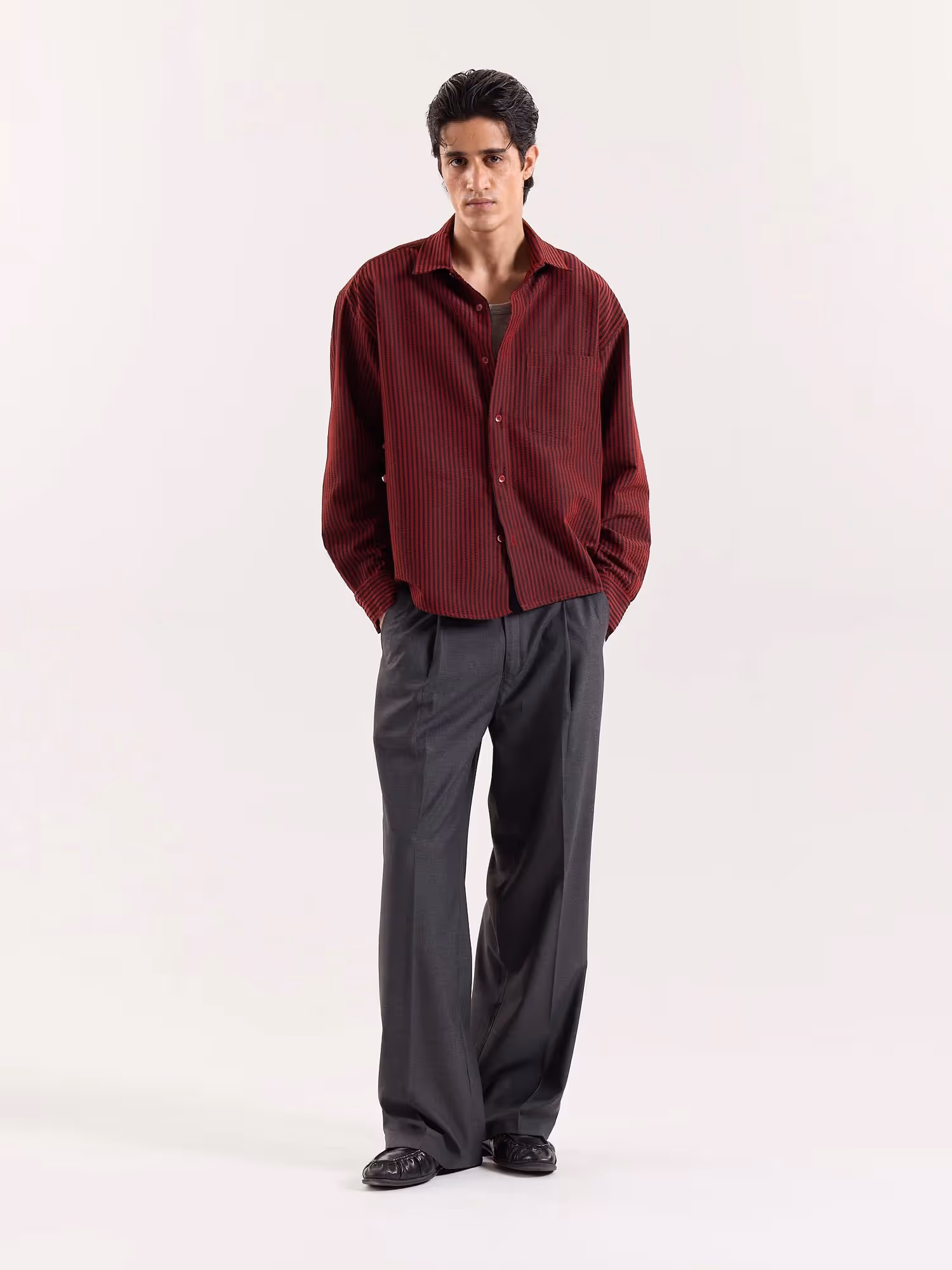 Red & Black Striped Seersucker Cropped Shirt image 1