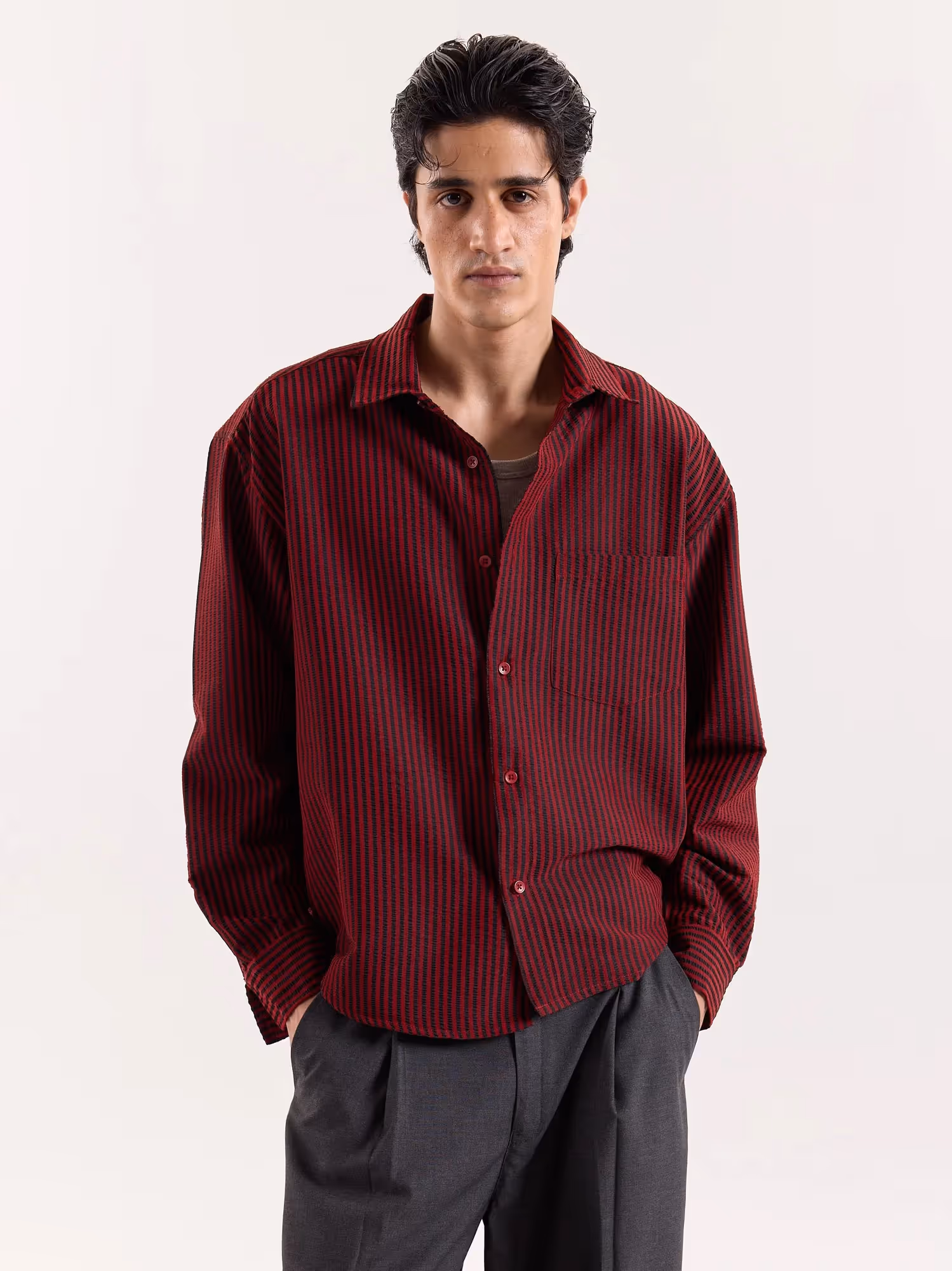 Red & Black Striped Seersucker Cropped Shirt  image 3