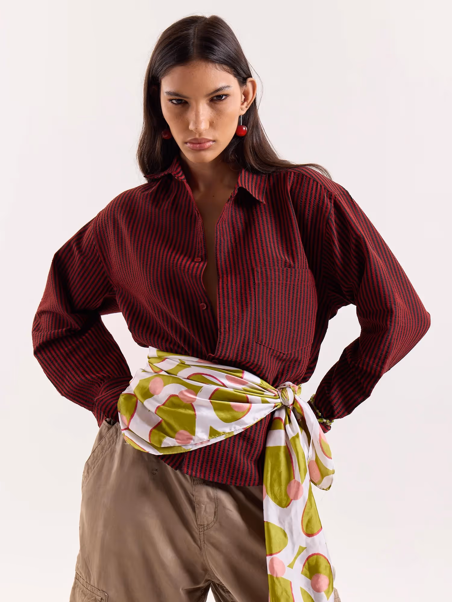 Red & Black Striped Seersucker Cropped Shirt  image 4