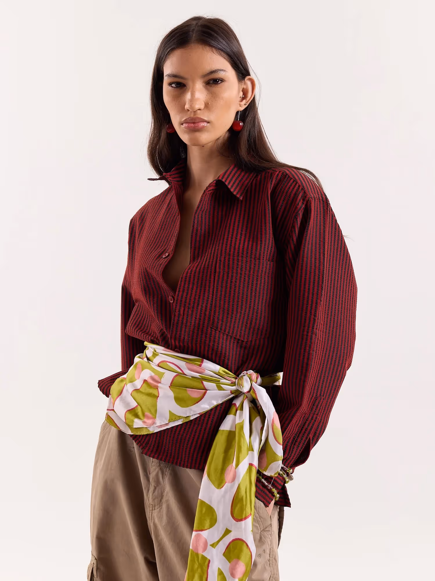 Red & Black Striped Seersucker Cropped Shirt  image 6
