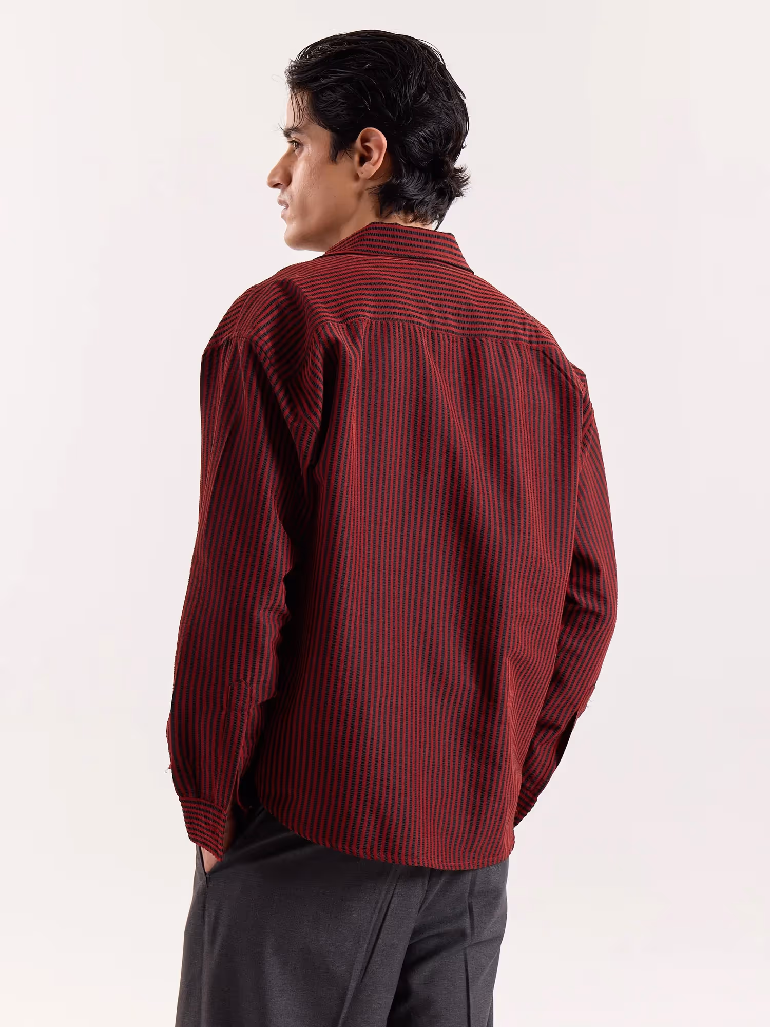 Red & Black Striped Seersucker Cropped Shirt  image 8