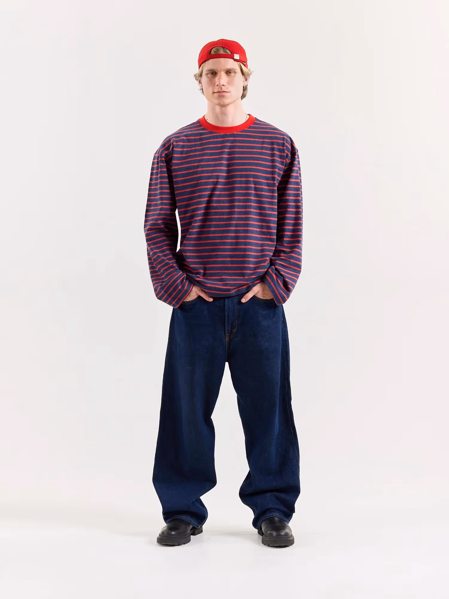 Red & Navy Chambray Striped Cropped T-Shirt image 1
