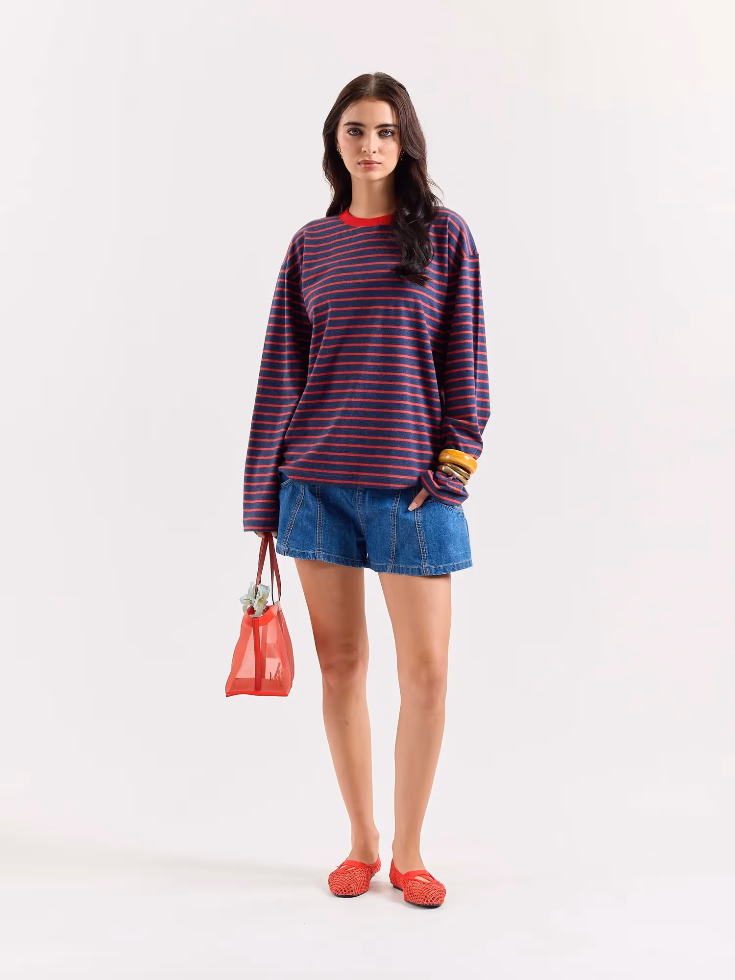 Red & Navy Chambray Striped Cropped T-Shirt image 2