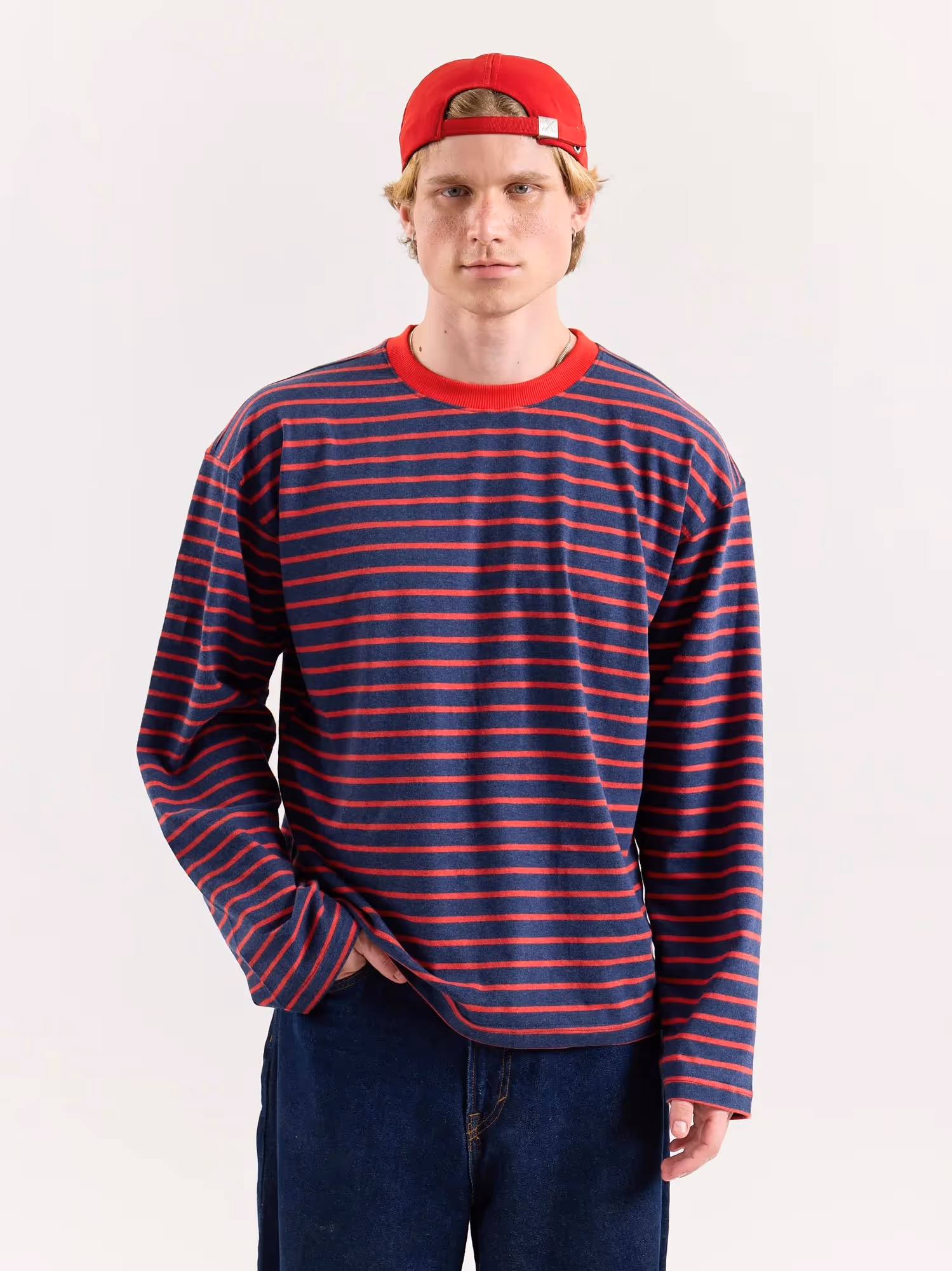 Red & Navy Chambray Striped Cropped T-Shirt image 3