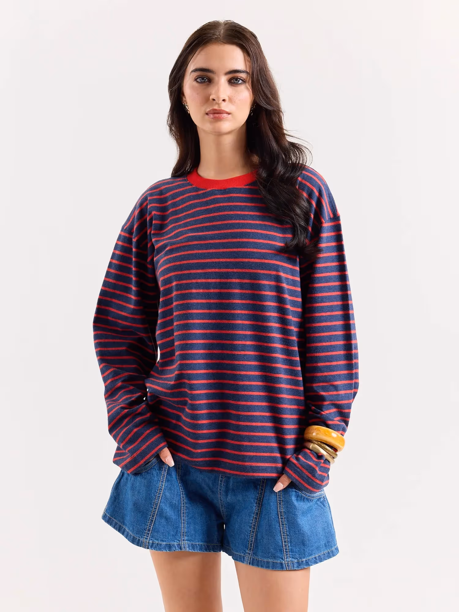 Red & Navy Chambray Striped Cropped T-Shirt image 4
