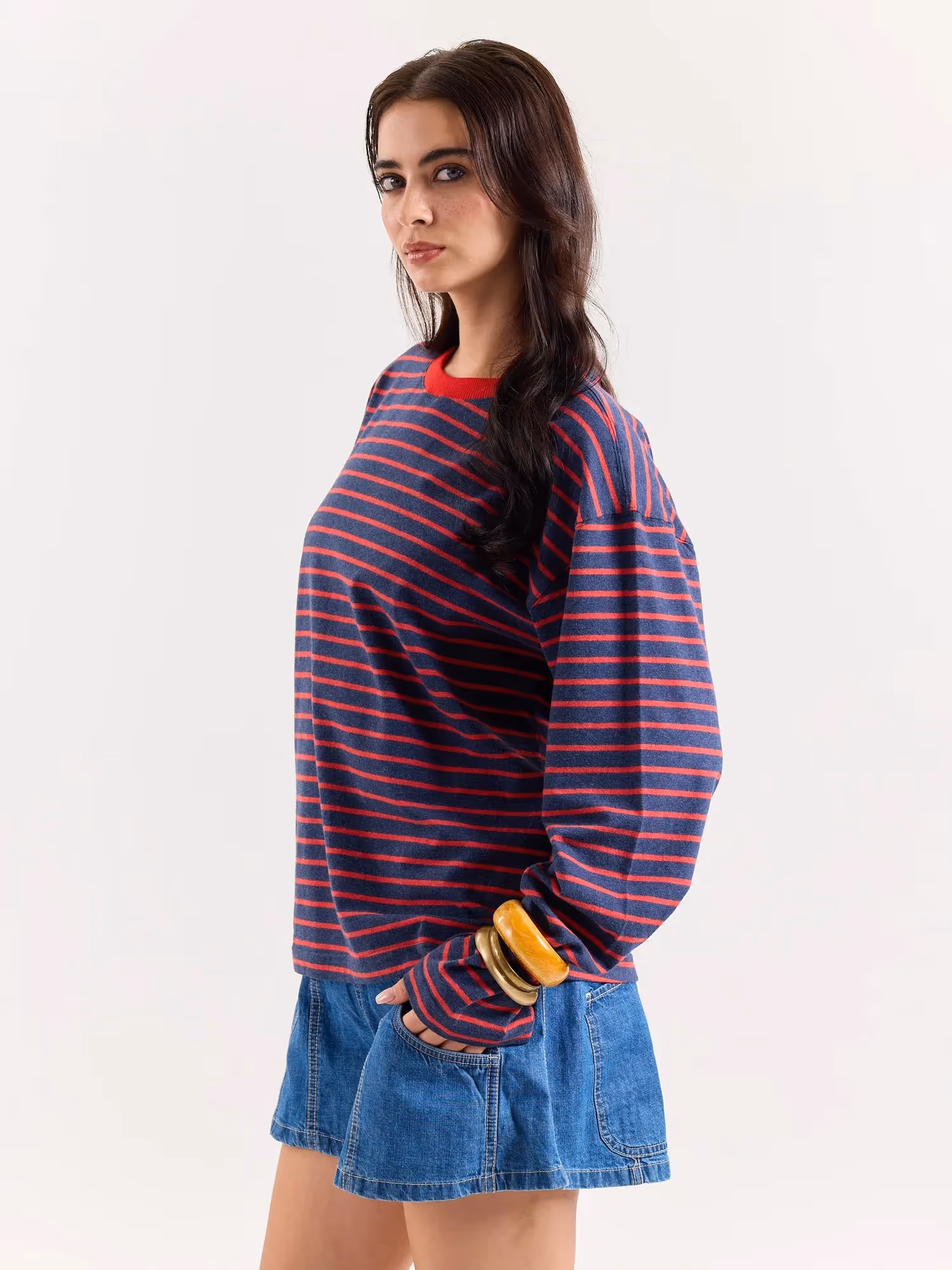 Red & Navy Chambray Striped Cropped T-Shirt image 5