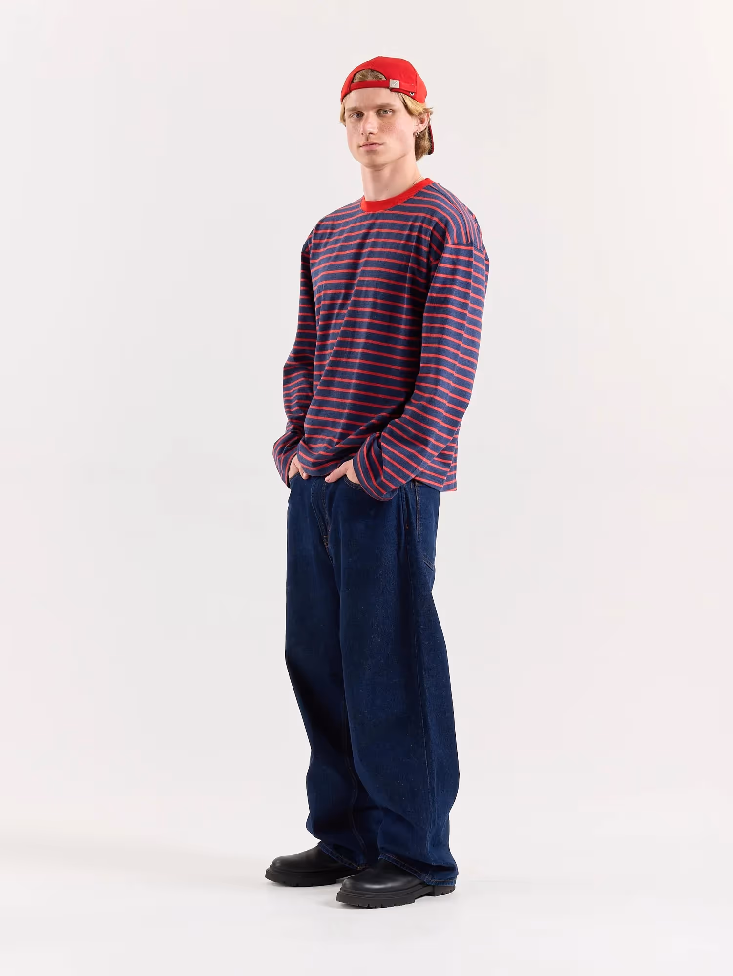 Red & Navy Chambray Striped Cropped T-Shirt image 7