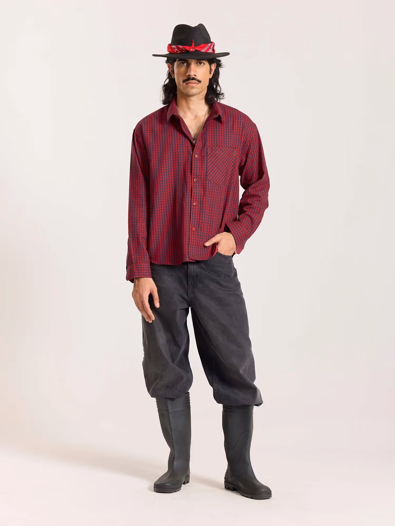 Red & Navy Checkered Oversized Cropped Shirt image 1
