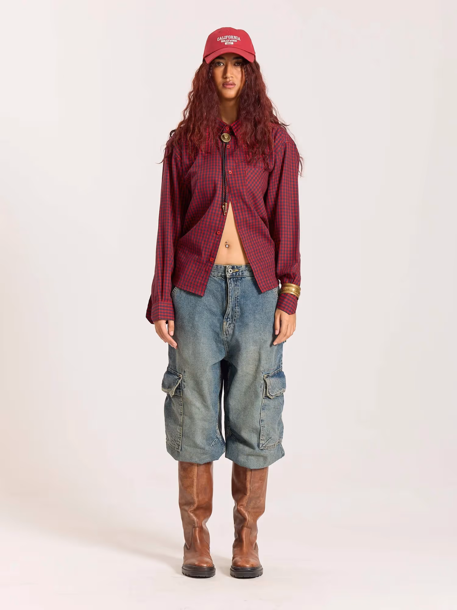 Red & Navy Checkered Oversized Cropped Shirt  image 2