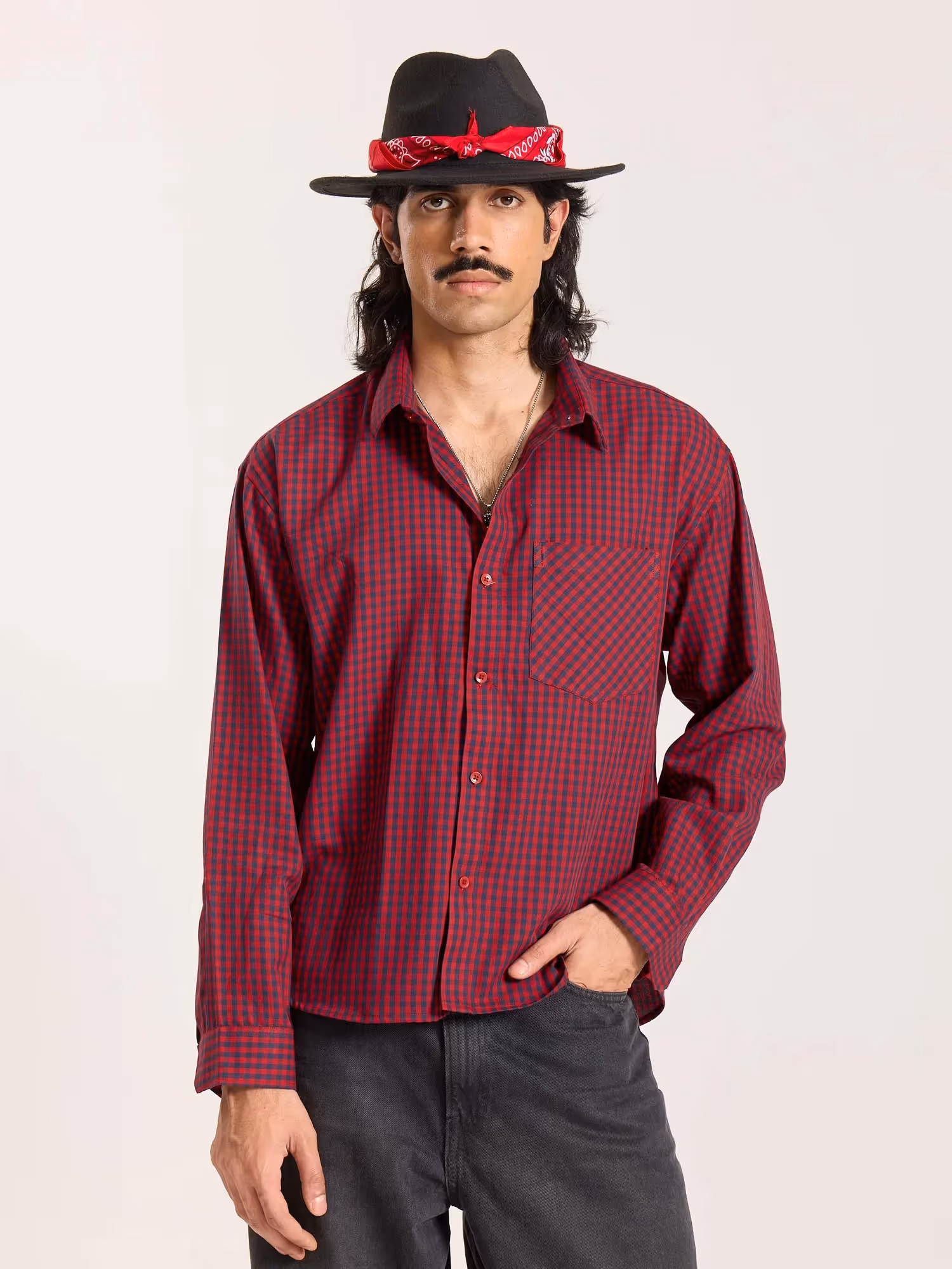 Red & Navy Checkered Oversized Cropped Shirt  image 3