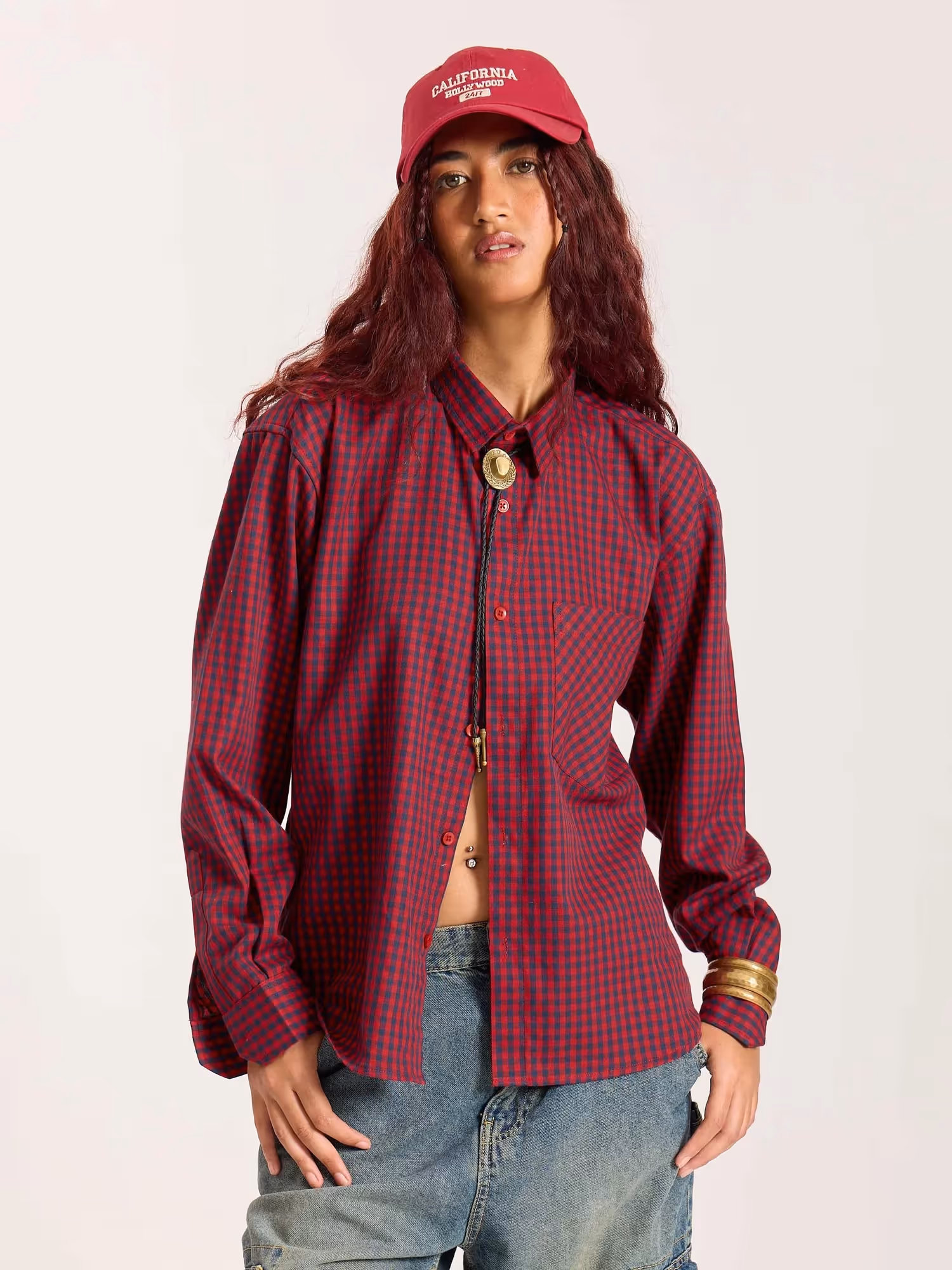 Red & Navy Checkered Oversized Cropped Shirt  image 4