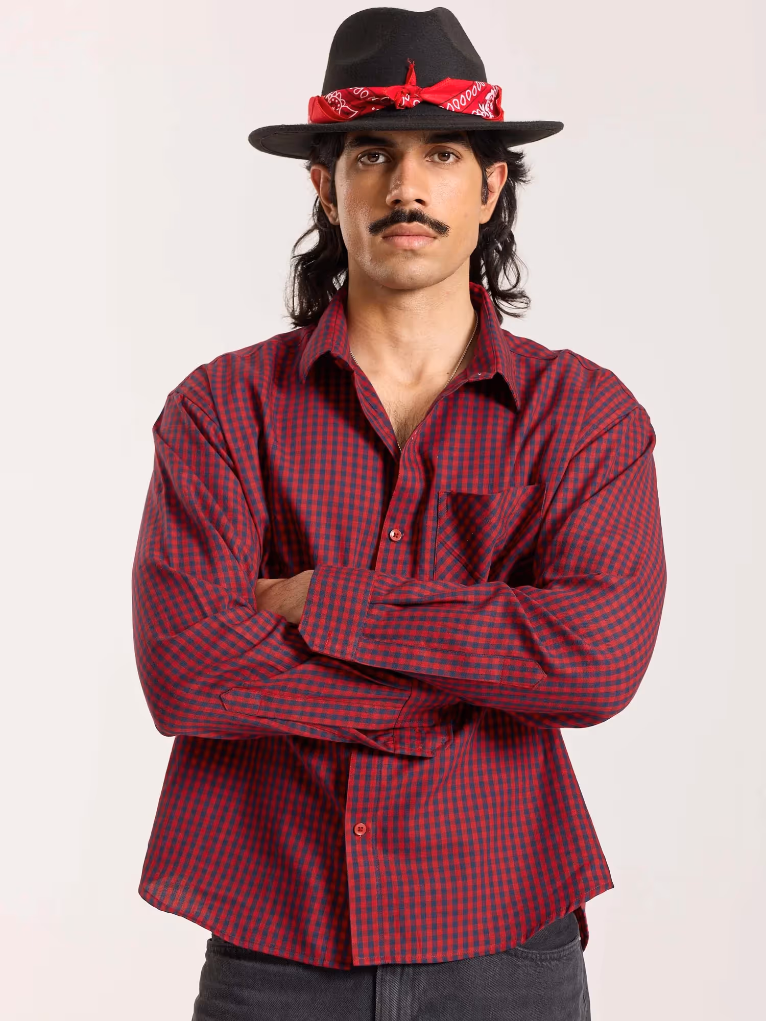 Red & Navy Checkered Oversized Cropped Shirt  image 5