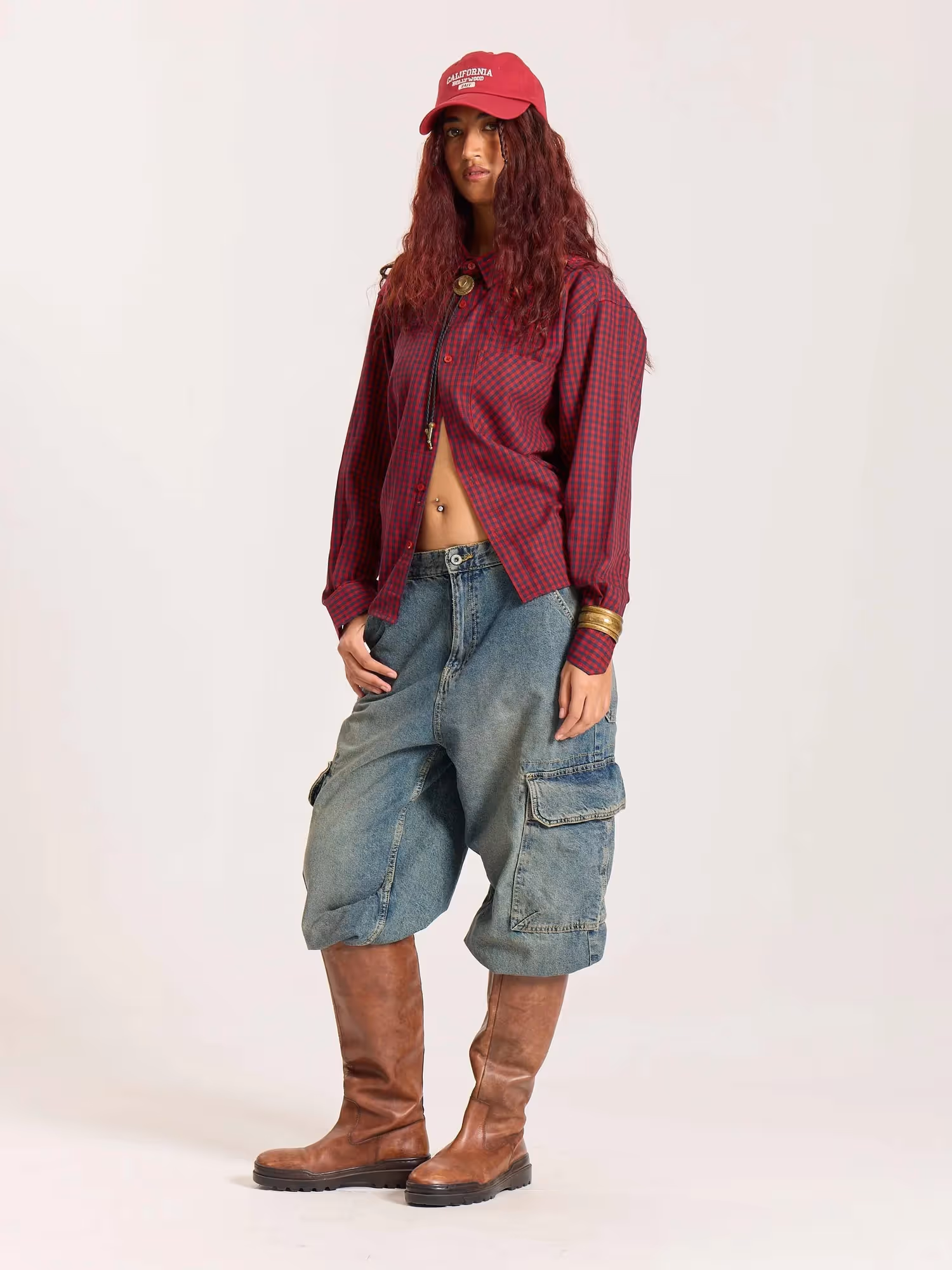 Red & Navy Checkered Oversized Cropped Shirt  image 6