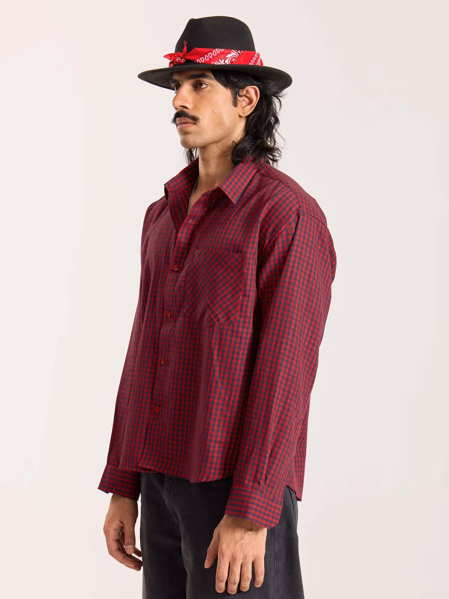 Red & Navy Checkered Oversized Cropped Shirt  image 7