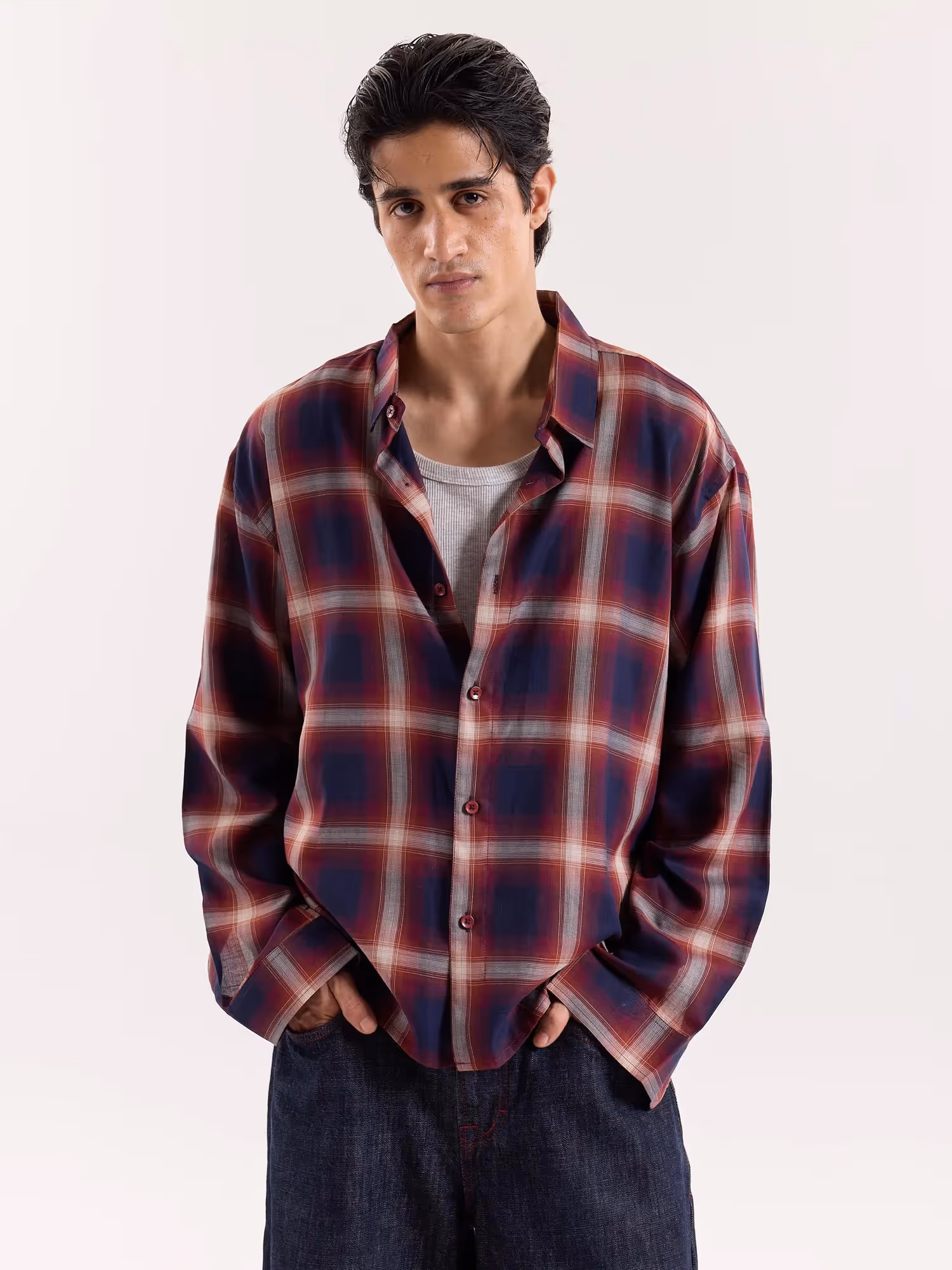 Red & Navy Madras Checks Cropped Shirt image 3