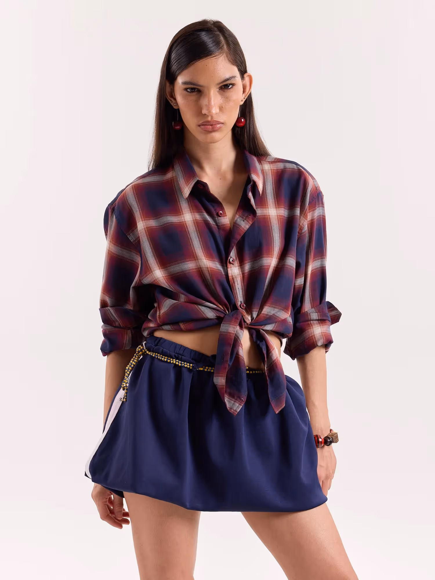 Red & Navy Madras Checks Cropped Shirt image 4