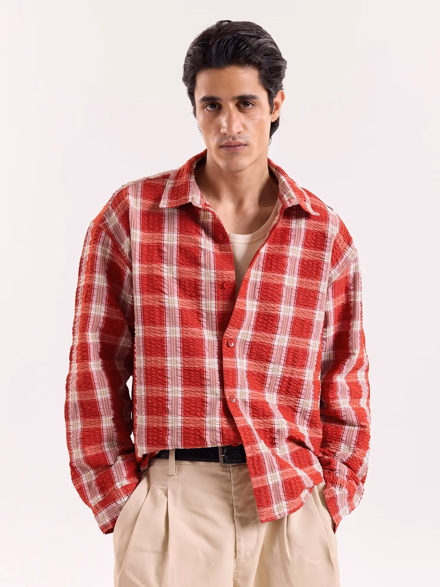 Red & White Checkered Seersucker Cropped Shirt image 3