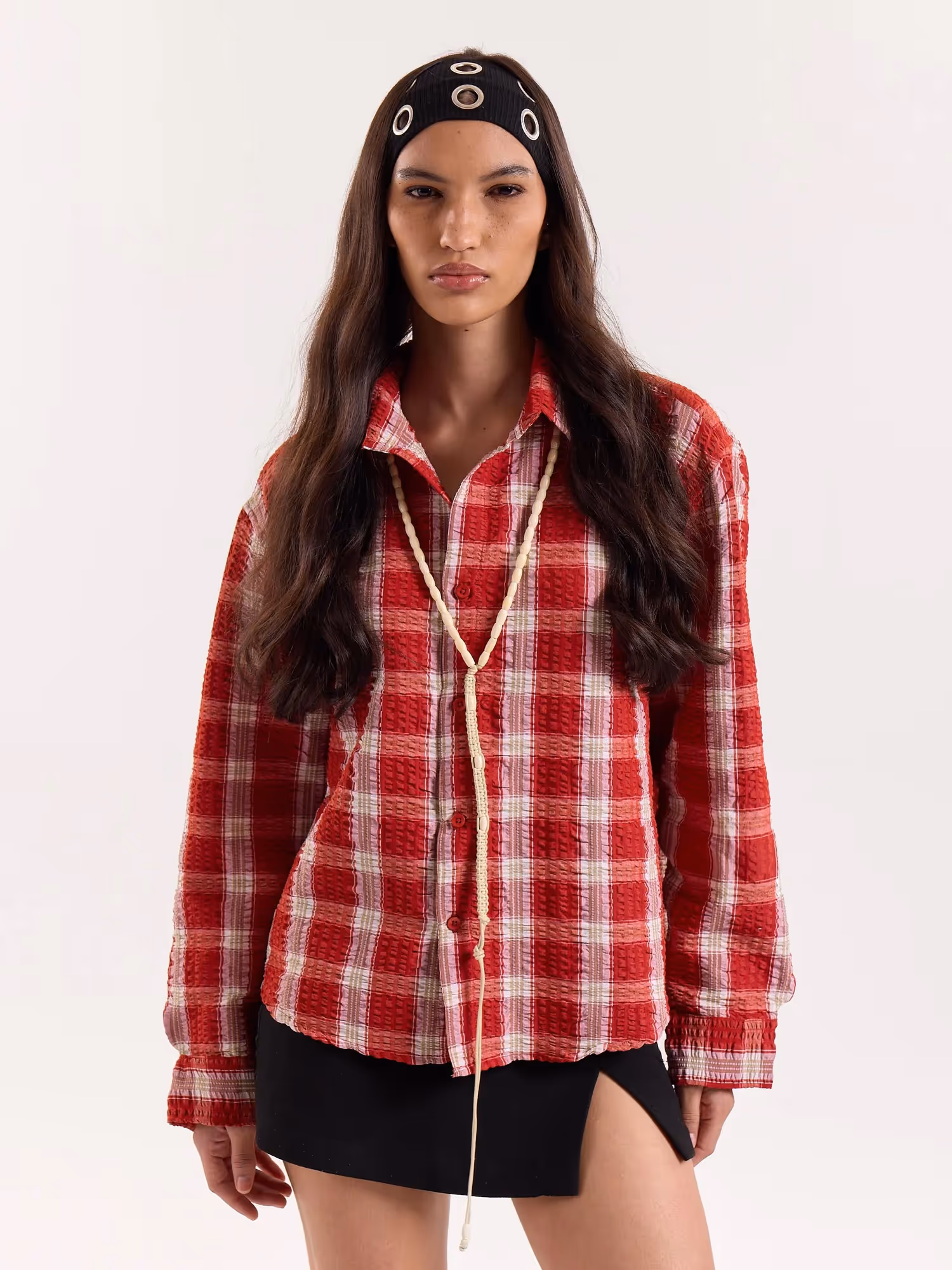 Red & White Checkered Seersucker Cropped Shirt image 4