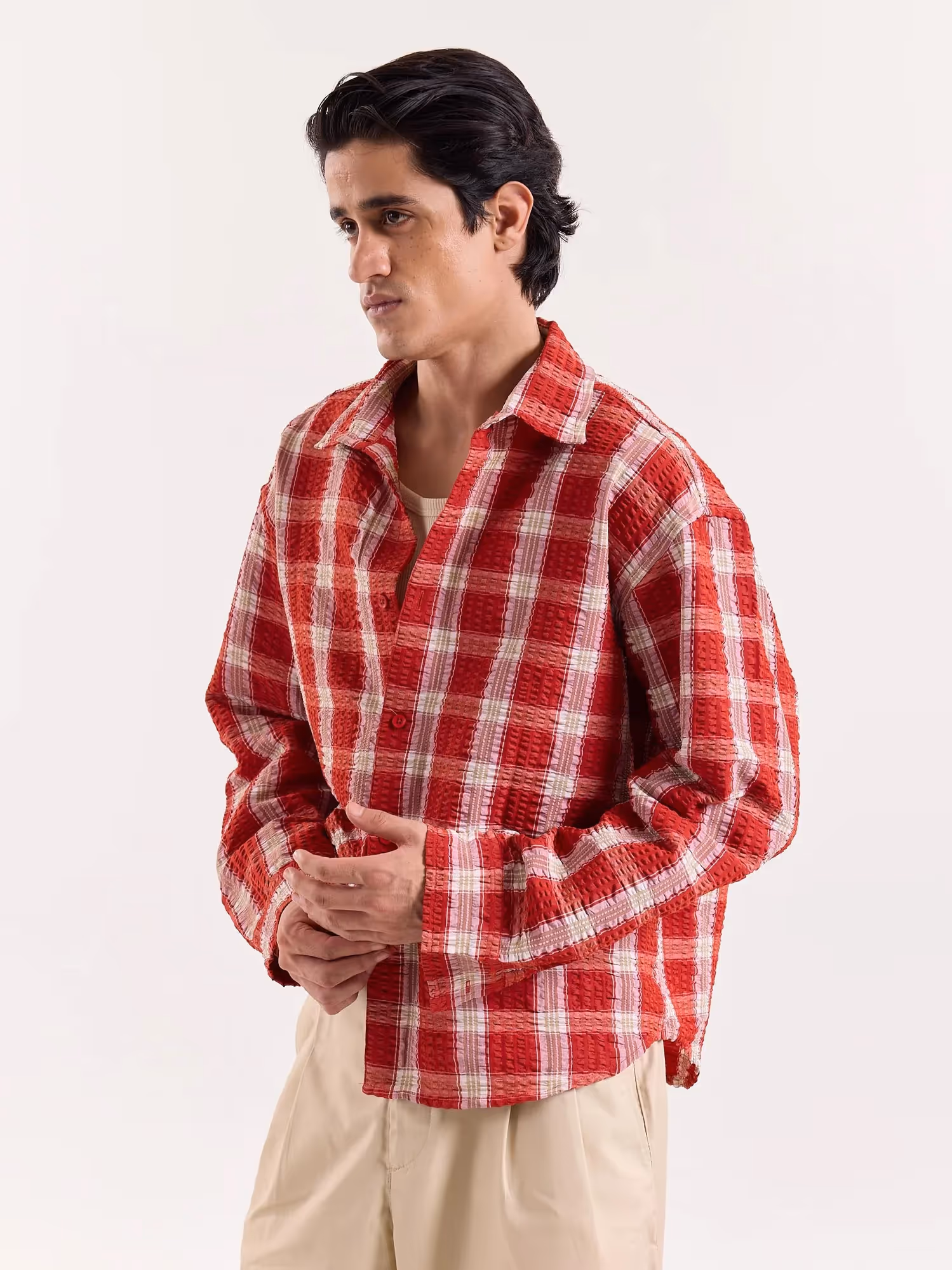 Red & White Checkered Seersucker Cropped Shirt image 5